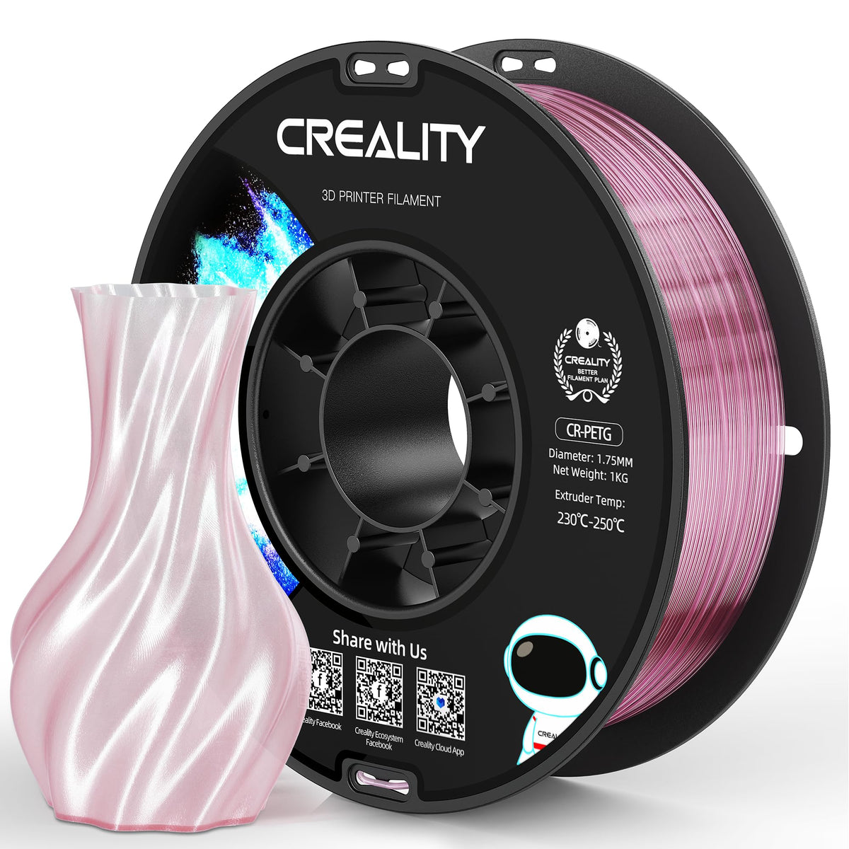 Official Creality PETG 3D Printer Filament 1.75mm 4KG (8.8lbs), High Precision, Strong Toughness, Odorless, Better Flow, Moistureproof 3D Printing CR PETG Filament, Black+White+Grey+Clear