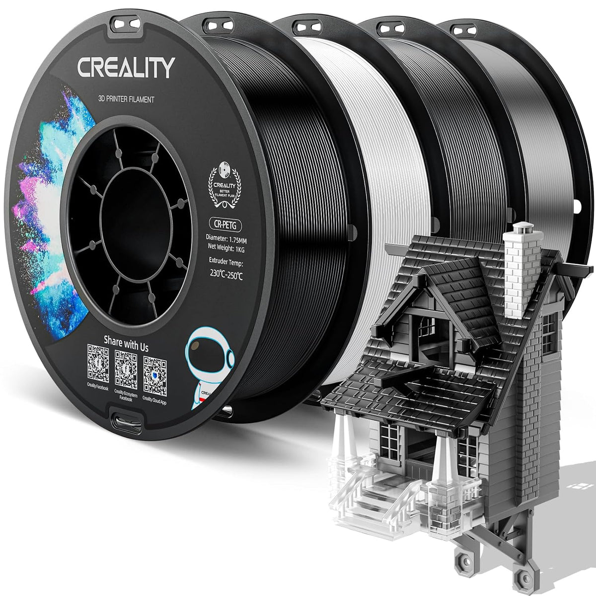 Official Creality PETG 3D Printer Filament 1.75mm 4KG (8.8lbs), High Precision, Strong Toughness, Odorless, Better Flow, Moistureproof 3D Printing CR PETG Filament, Black+White+Grey+Clear