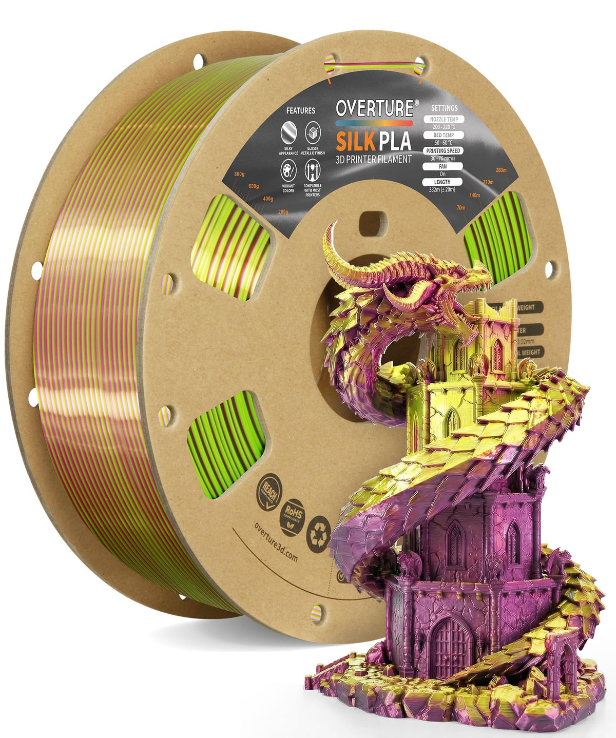 OVERTURE Silk PLA Filament Bundle, Clog-Free Shiny, Metallic Shine 3D Printer Filament, 1kg Spool * 4 Rolls(Silk Gold+Silk Silver+Silk Coppe+Silk Blue-Silver)