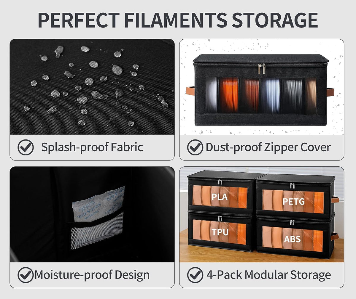 Qozary Filament Storage Box - 4 Pack 3D Printer Filament Storage Containers with Desiccants, Holds Up to 24 Rolls, 3D Printing Accessories Holder Rack for Home, Office Workshop, Studio