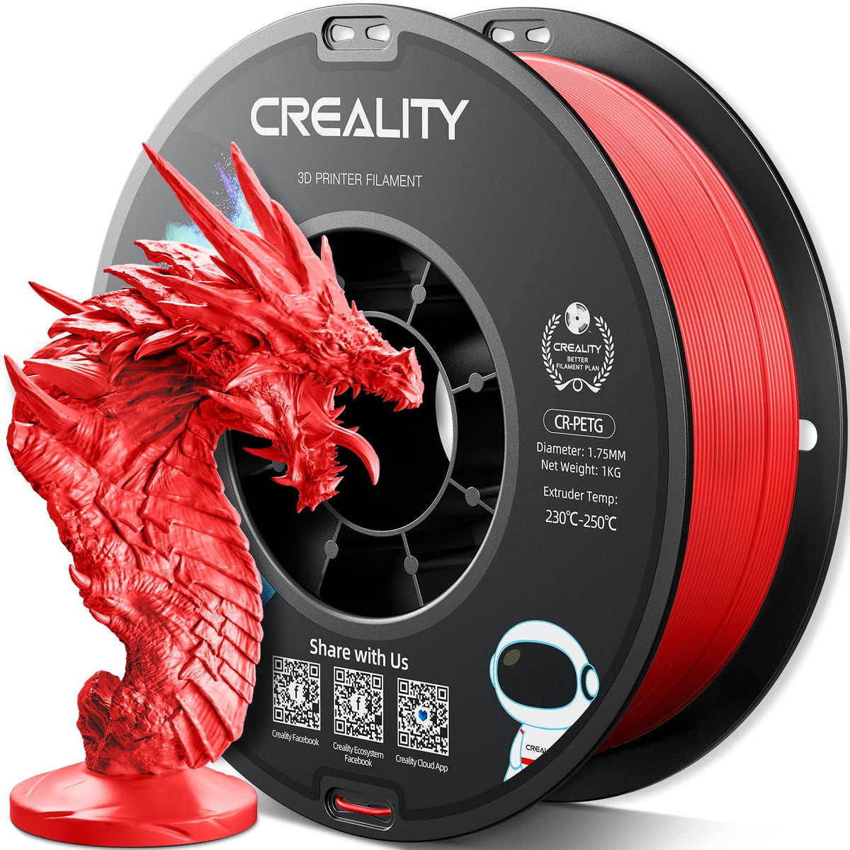 Official Creality PETG 3D Printer Filament 1.75mm 4KG (8.8lbs), High Precision, Strong Toughness, Odorless, Better Flow, Moistureproof 3D Printing CR PETG Filament, Black+White+Grey+Clear