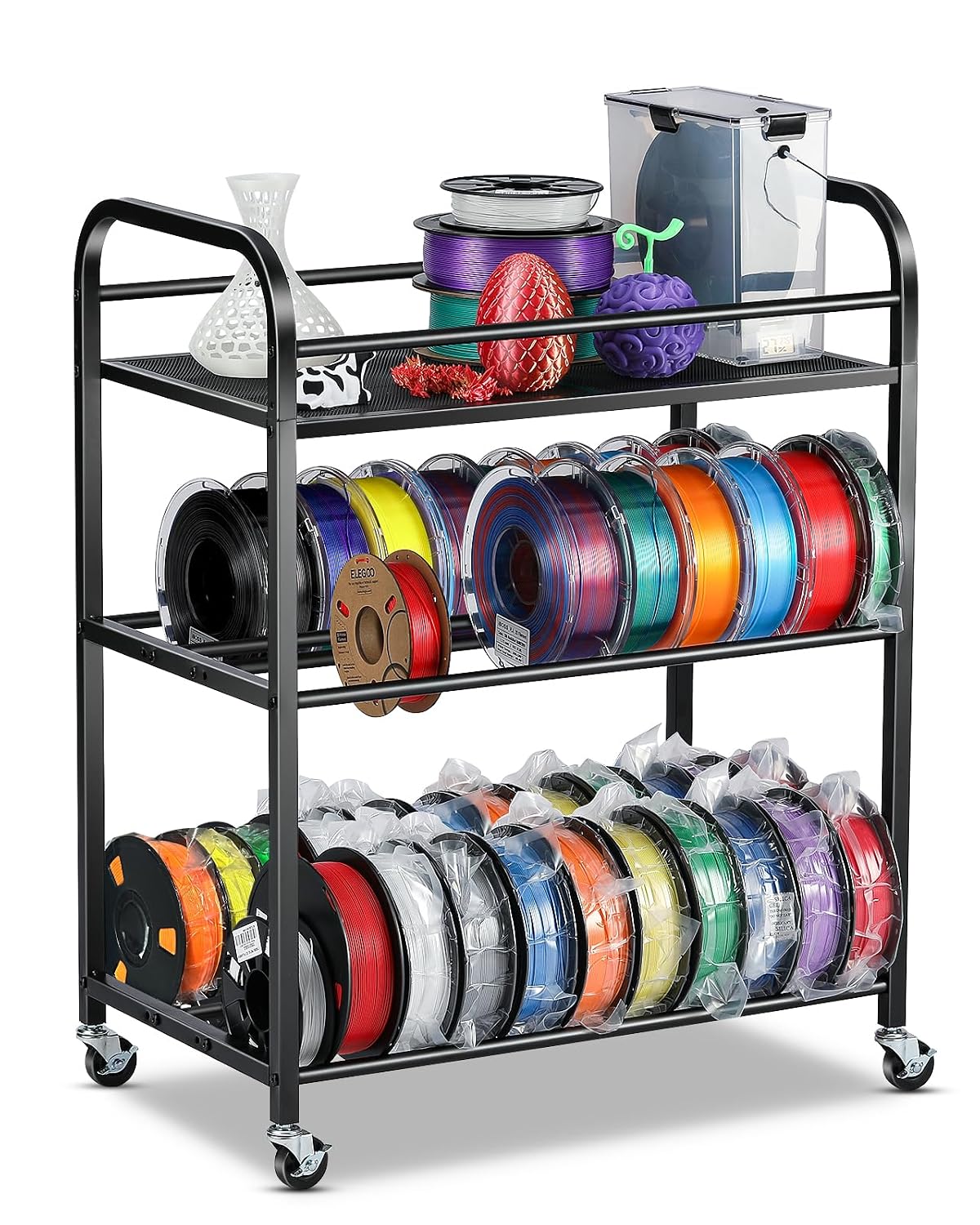 3D Printer Filament Storage Rack- Rolling Filament Spool Holders Racks with Wheels, Heavy Duty Metal Shelf for PLA/ABS/TPU/Nylon, Filaments Organzied for 3D Printing Studio, Office Workshop (Black)