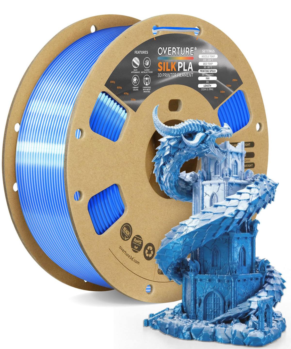 OVERTURE Silk PLA Filament Bundle, Clog-Free Shiny, Metallic Shine 3D Printer Filament, 1kg Spool * 4 Rolls(Silk Gold+Silk Silver+Silk Coppe+Silk Blue-Silver)