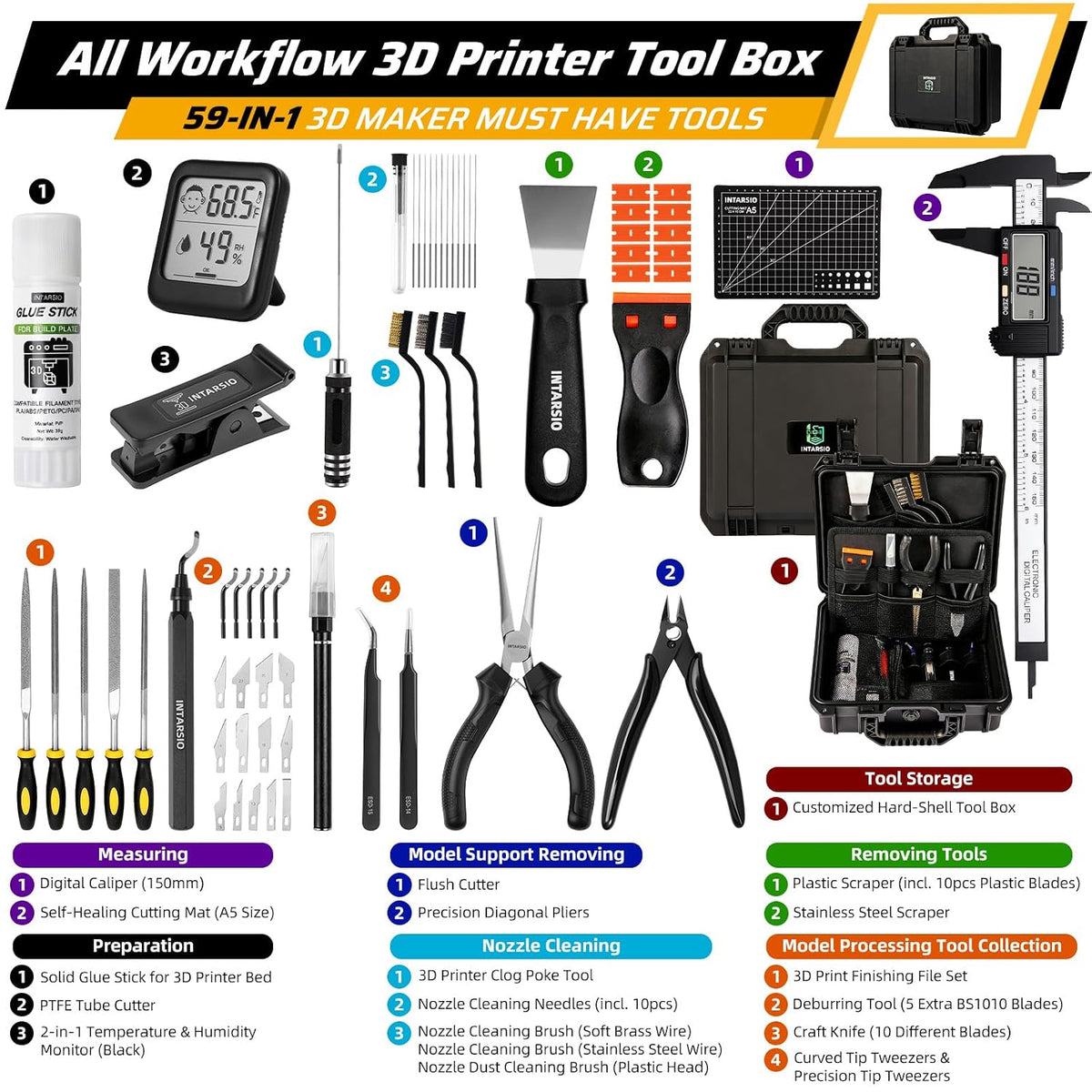 59pcs 3D Printer Tools Kit with Hard Case, 3D Printer Accessories incl Deburring Tool, Digital Caliper, Hygrometer, Nozzle Clog Poke, Pilers, Flush Cutter, for Bambu Lab, Ender 3, FDM/SLA Printers etc