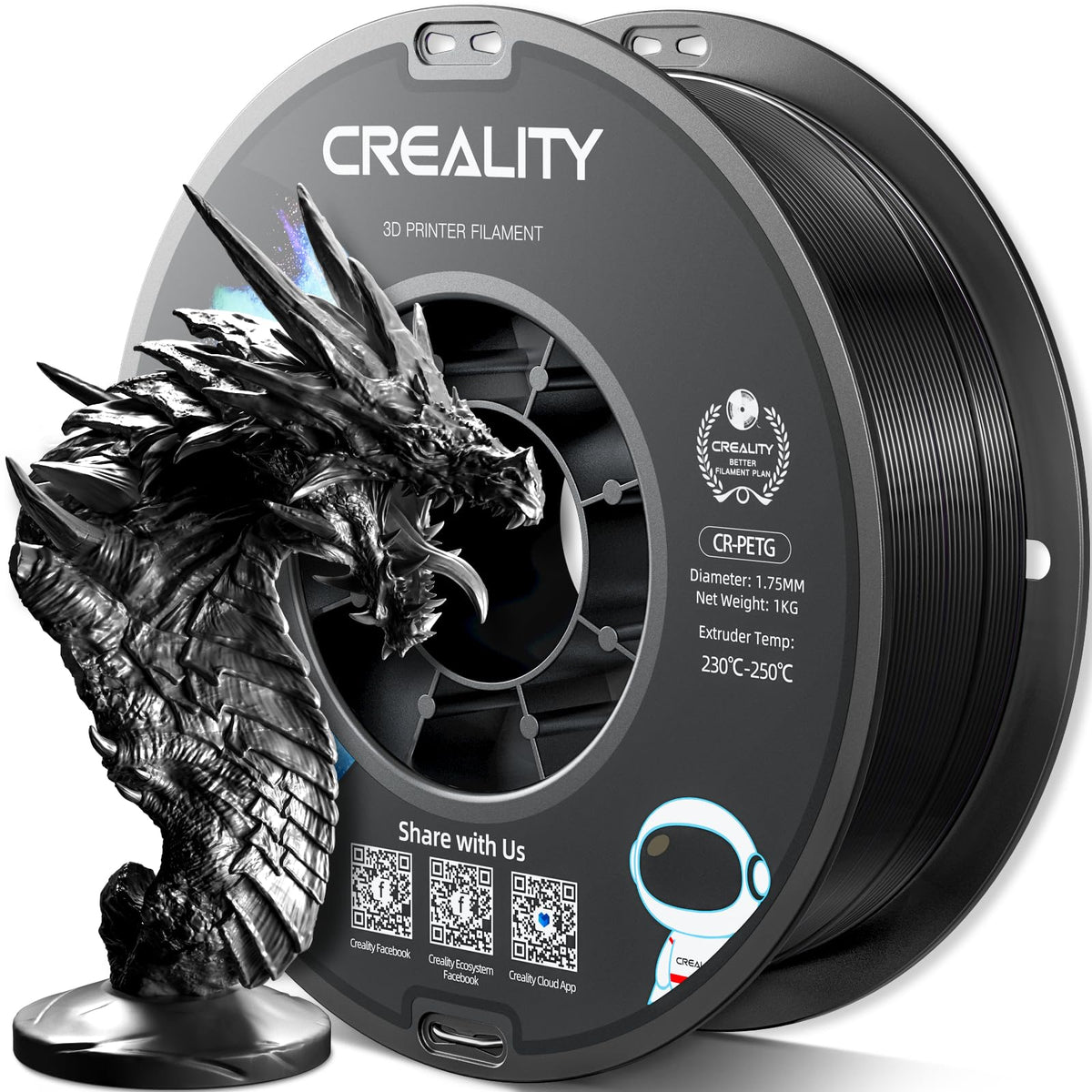 Official Creality PETG 3D Printer Filament 1.75mm 4KG (8.8lbs), High Precision, Strong Toughness, Odorless, Better Flow, Moistureproof 3D Printing CR PETG Filament, Black+White+Grey+Clear