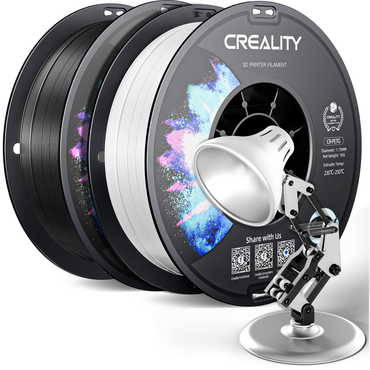 Official Creality PETG 3D Printer Filament 1.75mm 4KG (8.8lbs), High Precision, Strong Toughness, Odorless, Better Flow, Moistureproof 3D Printing CR PETG Filament, Black+White+Grey+Clear
