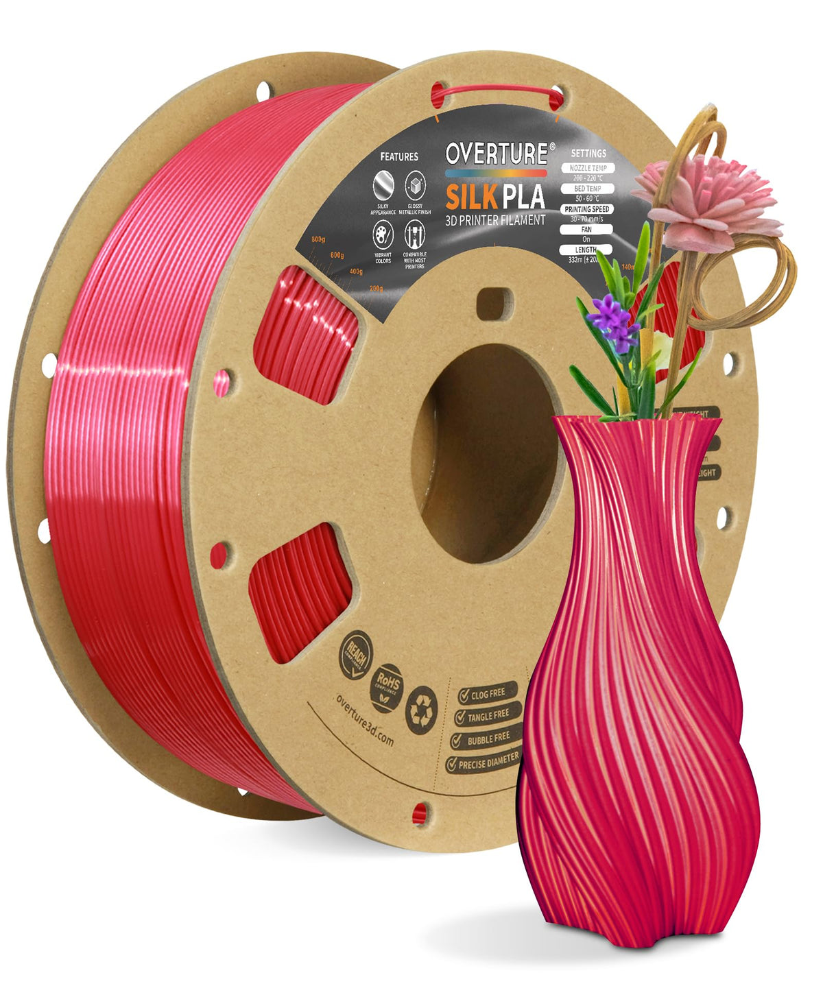 OVERTURE Silk PLA Filament Bundle, Clog-Free Shiny, Metallic Shine 3D Printer Filament, 1kg Spool * 4 Rolls(Silk Gold+Silk Silver+Silk Coppe+Silk Blue-Silver)