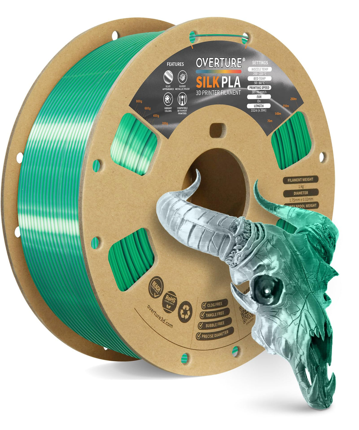 OVERTURE Silk PLA Filament Bundle, Clog-Free Shiny, Metallic Shine 3D Printer Filament, 1kg Spool * 4 Rolls(Silk Gold+Silk Silver+Silk Coppe+Silk Blue-Silver)