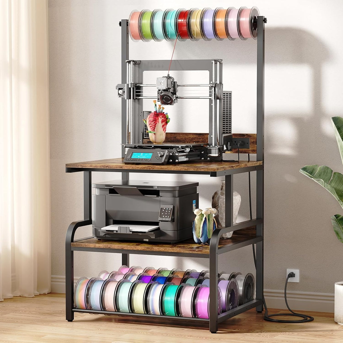 Homieasy Printer Stand with Charging Station, 29.1" x 22.8" Large 3D Printer Table with Filament Storage, Heavy Duty Rolling Printer Cart with 4-Tier Storage for Workshop/Office/Garage, Rustic Brown