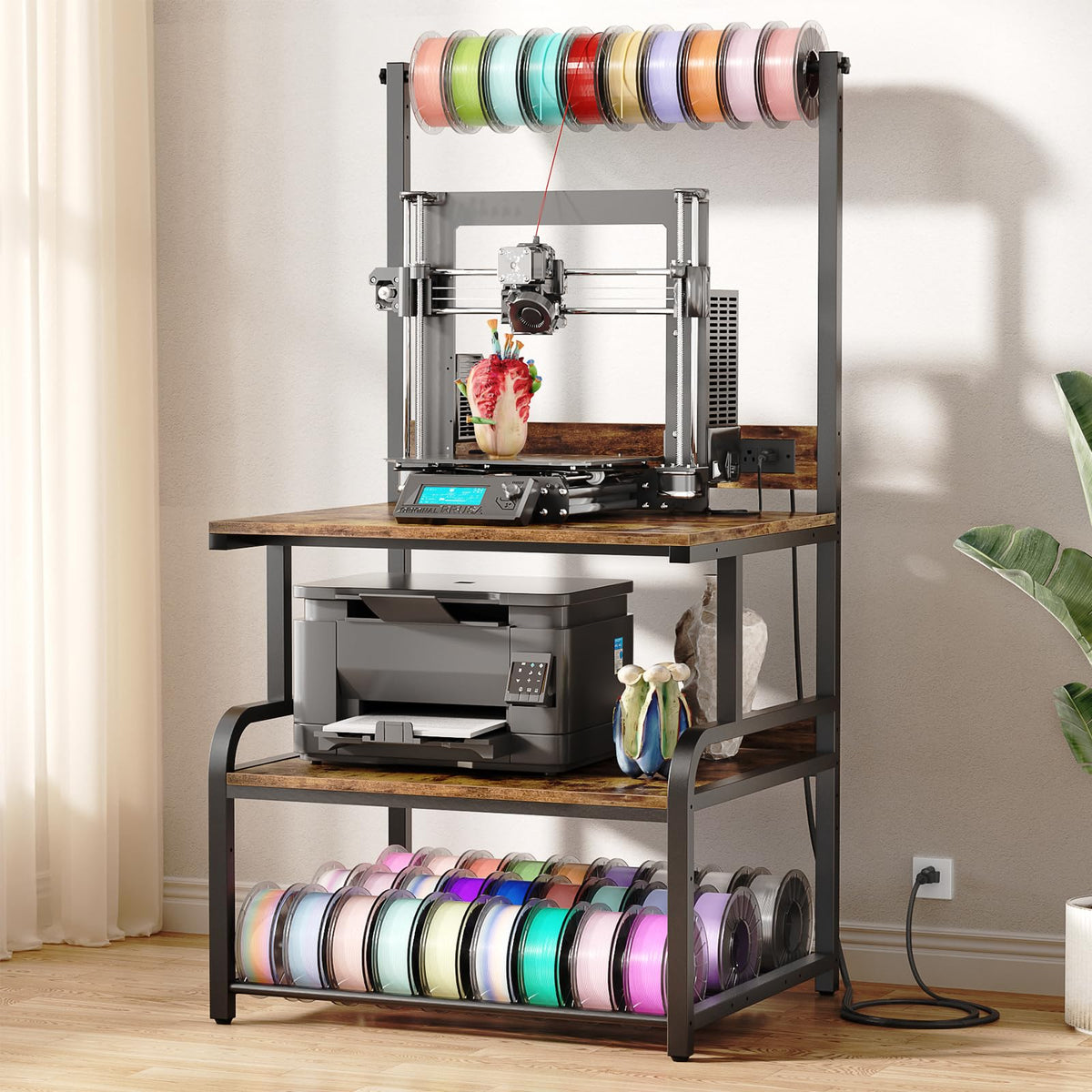 Homieasy Printer Stand with Charging Station, 29.1" x 22.8" Large 3D Printer Table with Filament Storage, Heavy Duty Rolling Printer Cart with 4-Tier Storage for Workshop/Office/Garage, Rustic Brown