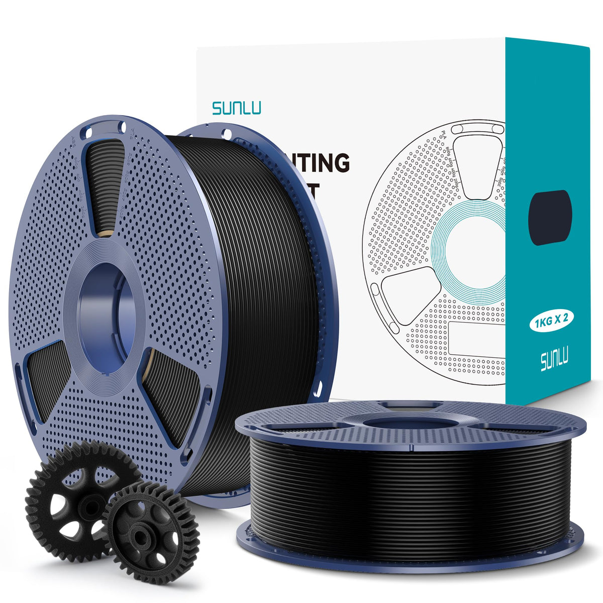 SUNLU PLA+2.0 3D Printer Filament Bundle, 4KG Upgrade PLA+ Filament 1.75mm, Tougher and Stronger, Dimensional Accuracy +/-0.02mm, 1KG per Spool, 4 Packs, 4KG Total, Black+White+Klein Blue+Red