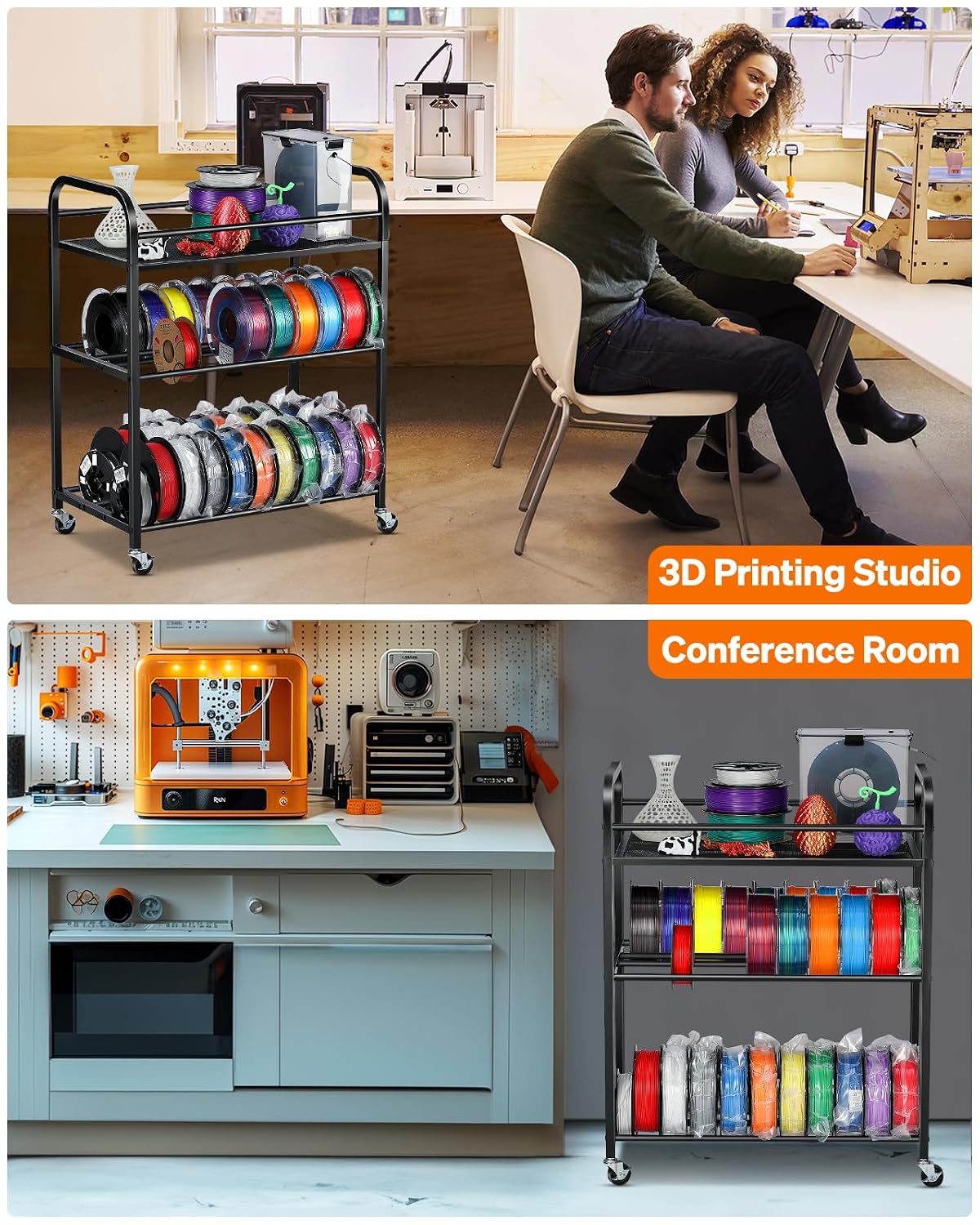 3D Printer Filament Storage Rack- Rolling Filament Spool Holders Racks with Wheels, Heavy Duty Metal Shelf for PLA/ABS/TPU/Nylon, Filaments Organzied for 3D Printing Studio, Office Workshop (Black)