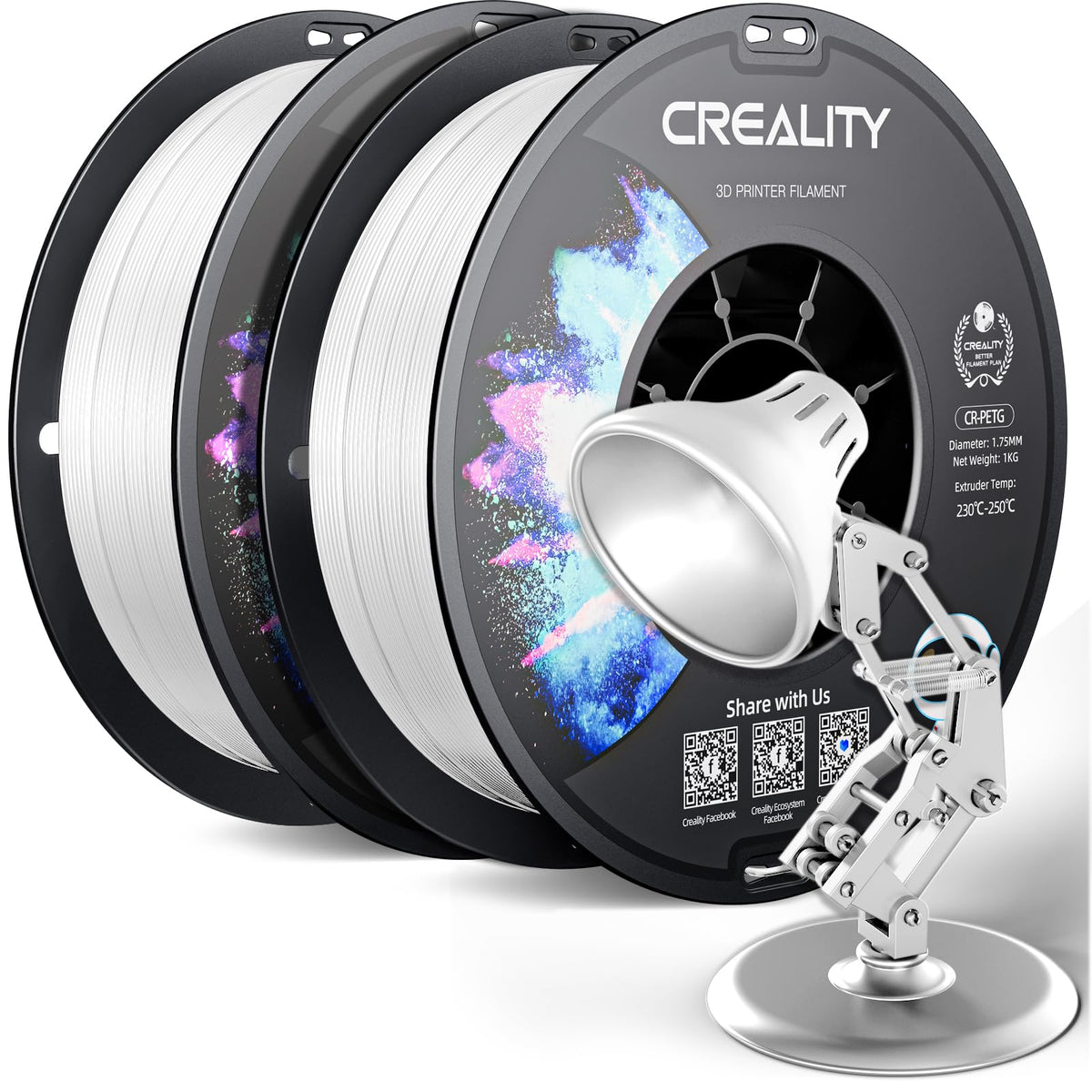 Official Creality PETG 3D Printer Filament 1.75mm 4KG (8.8lbs), High Precision, Strong Toughness, Odorless, Better Flow, Moistureproof 3D Printing CR PETG Filament, Black+White+Grey+Clear