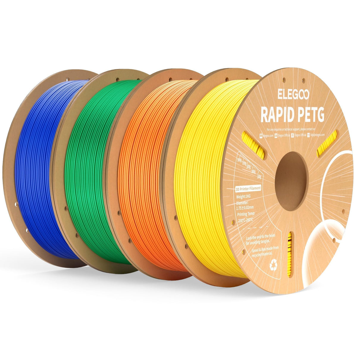 ELEGOO Rapid PETG Filament 1.75mm Bundle 4KG, High Speed 30-600mm/s 3D Printer Filament Accuracy +/- 0.02 mm, 1kg Cardboard Spool(2.2lbs), Fits for Most FDM 3D Printers(Black, White, Blue, Red)