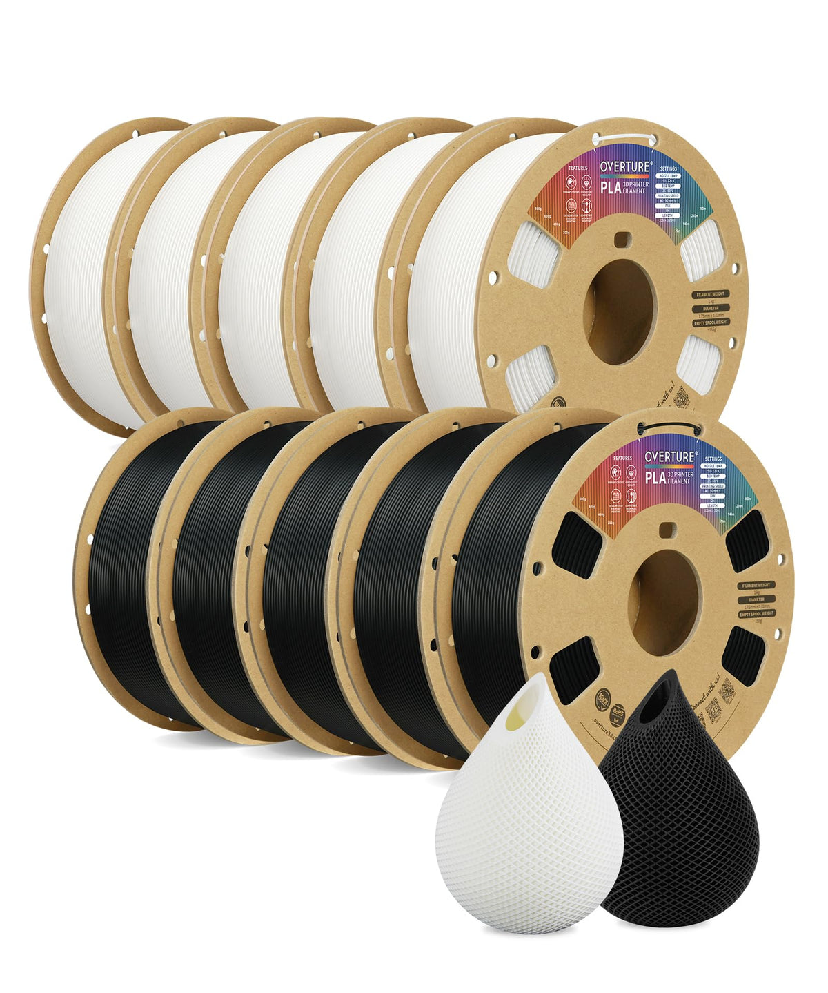 OVERTURE 10KG Bundle PLA Filament 1.75mm, Neatly Wound 3D Printer Filament 10 Pack 1kg Spool (2.2lbs), Dimensional Accuracy +/- 0.02 mm, Fit Most FDM 3D Printers (Black 10-Pack)