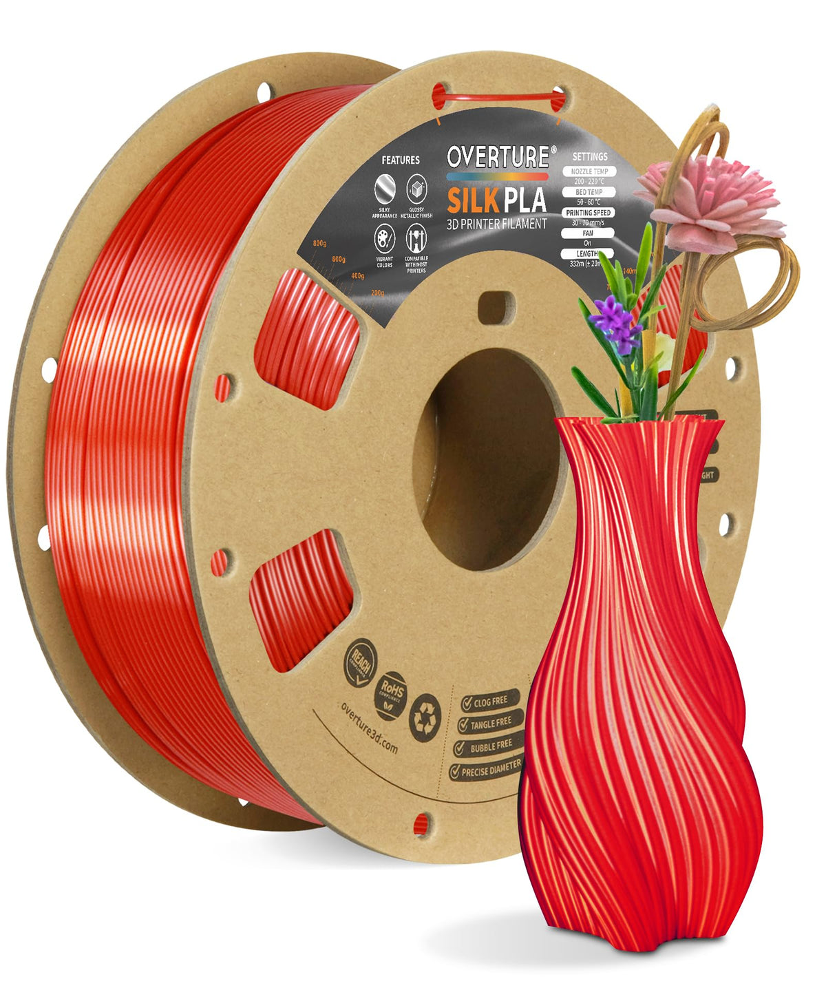 OVERTURE Silk PLA Filament Bundle, Clog-Free Shiny, Metallic Shine 3D Printer Filament, 1kg Spool * 4 Rolls(Silk Gold+Silk Silver+Silk Coppe+Silk Blue-Silver)