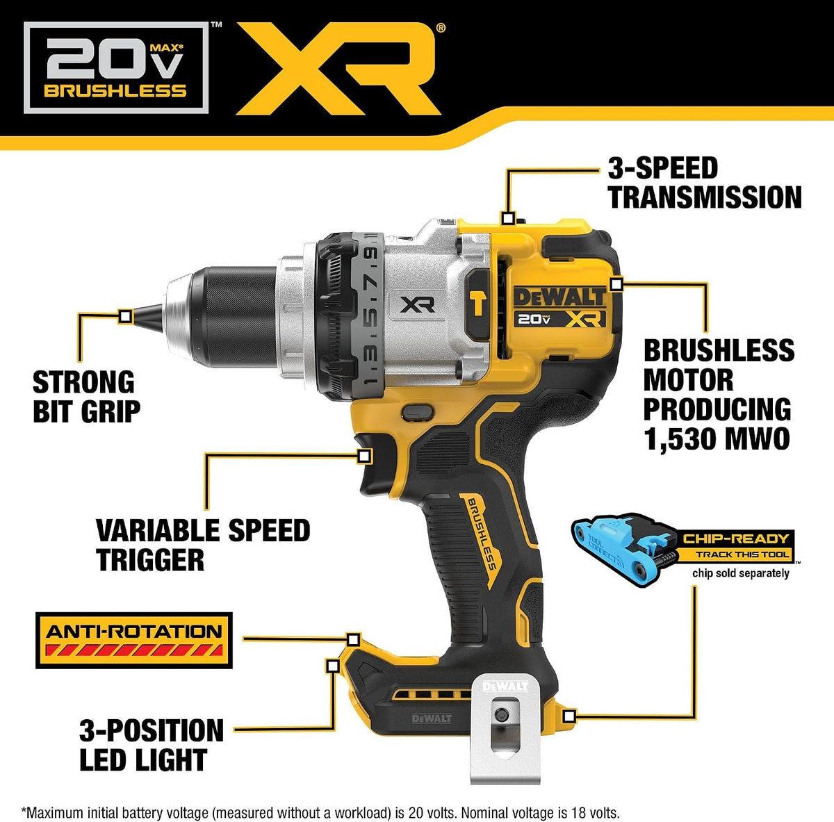 DEWALT 20V MAX XR 1/2 Inch Cordless Hammer Drill, Bare Tool Only (DCD1007B)