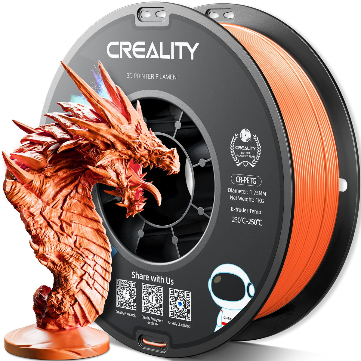 Official Creality PETG 3D Printer Filament 1.75mm 4KG (8.8lbs), High Precision, Strong Toughness, Odorless, Better Flow, Moistureproof 3D Printing CR PETG Filament, Black+White+Grey+Clear