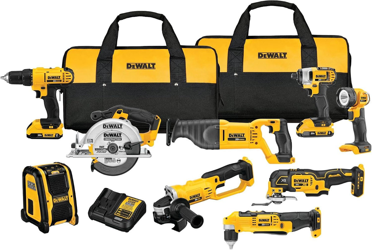 DEWALT 20V MAX Power Tools, 9 Cordless Tool Combo, Impact and Drill Driver, Oscillating Tool, Grinder,Circular and Reciprocating Saw,Right Angle Drill,Speaker,LED Light, 2 Batteries,Charger (DCK940D2)