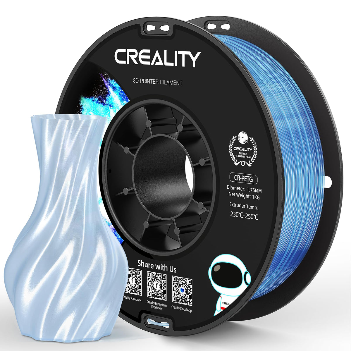 Official Creality PETG 3D Printer Filament 1.75mm 4KG (8.8lbs), High Precision, Strong Toughness, Odorless, Better Flow, Moistureproof 3D Printing CR PETG Filament, Black+White+Grey+Clear