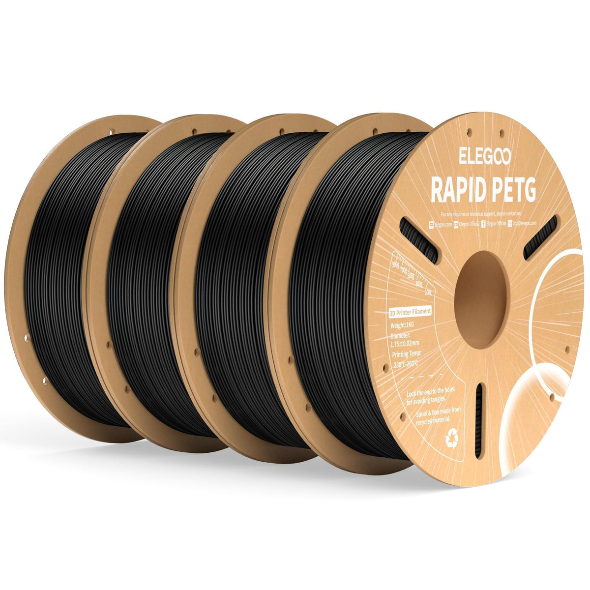 ELEGOO Rapid PETG Filament 1.75mm Bundle 4KG, High Speed 30-600mm/s 3D Printer Filament Accuracy +/- 0.02 mm, 1kg Cardboard Spool(2.2lbs), Fits for Most FDM 3D Printers(Black, White, Blue, Red)