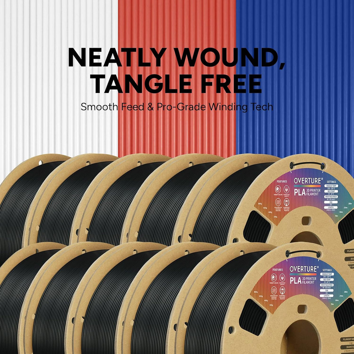 OVERTURE 10KG Bundle PLA Filament 1.75mm, Neatly Wound 3D Printer Filament 10 Pack 1kg Spool (2.2lbs), Dimensional Accuracy +/- 0.02 mm, Fit Most FDM 3D Printers (Black 10-Pack)