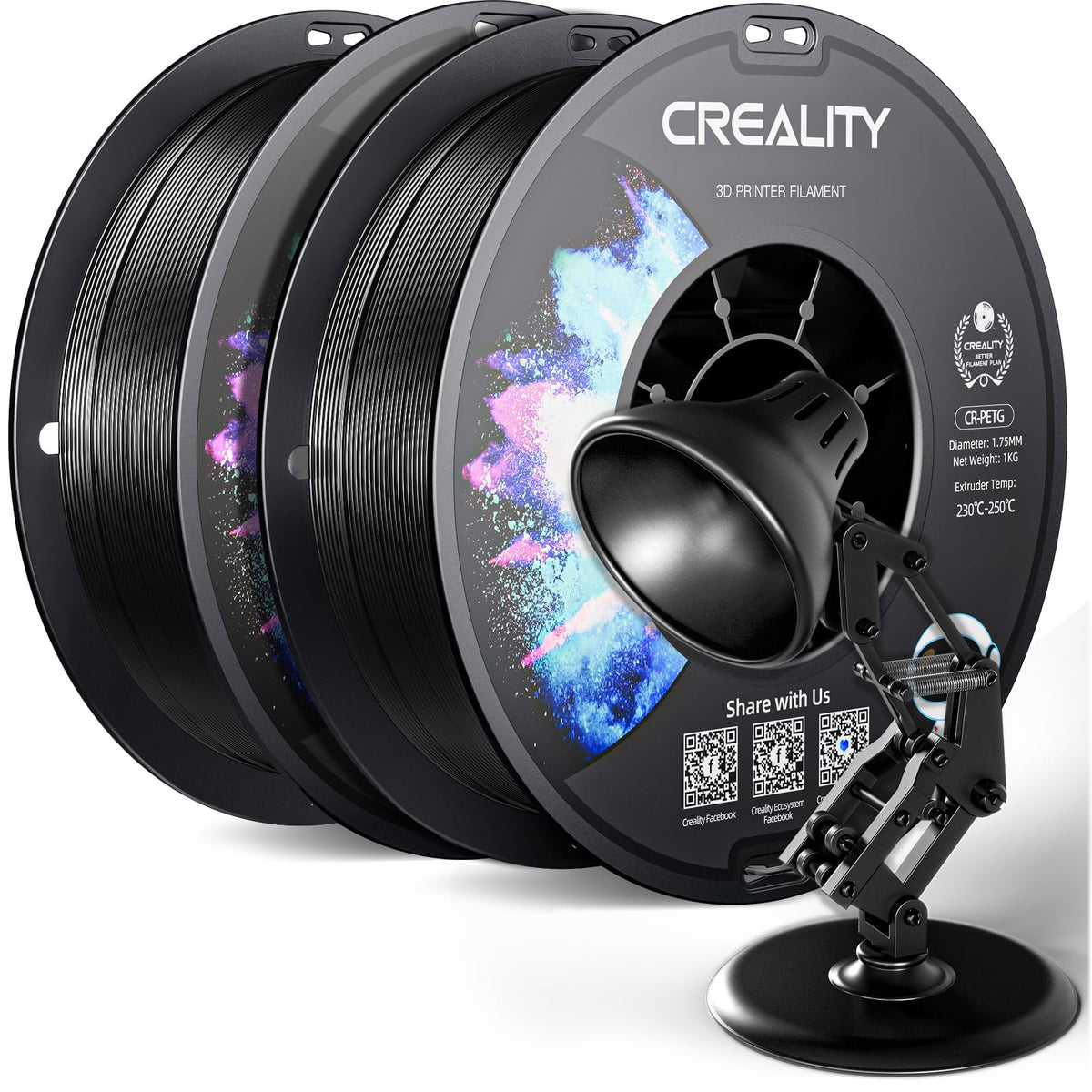 Official Creality PETG 3D Printer Filament 1.75mm 4KG (8.8lbs), High Precision, Strong Toughness, Odorless, Better Flow, Moistureproof 3D Printing CR PETG Filament, Black+White+Grey+Clear