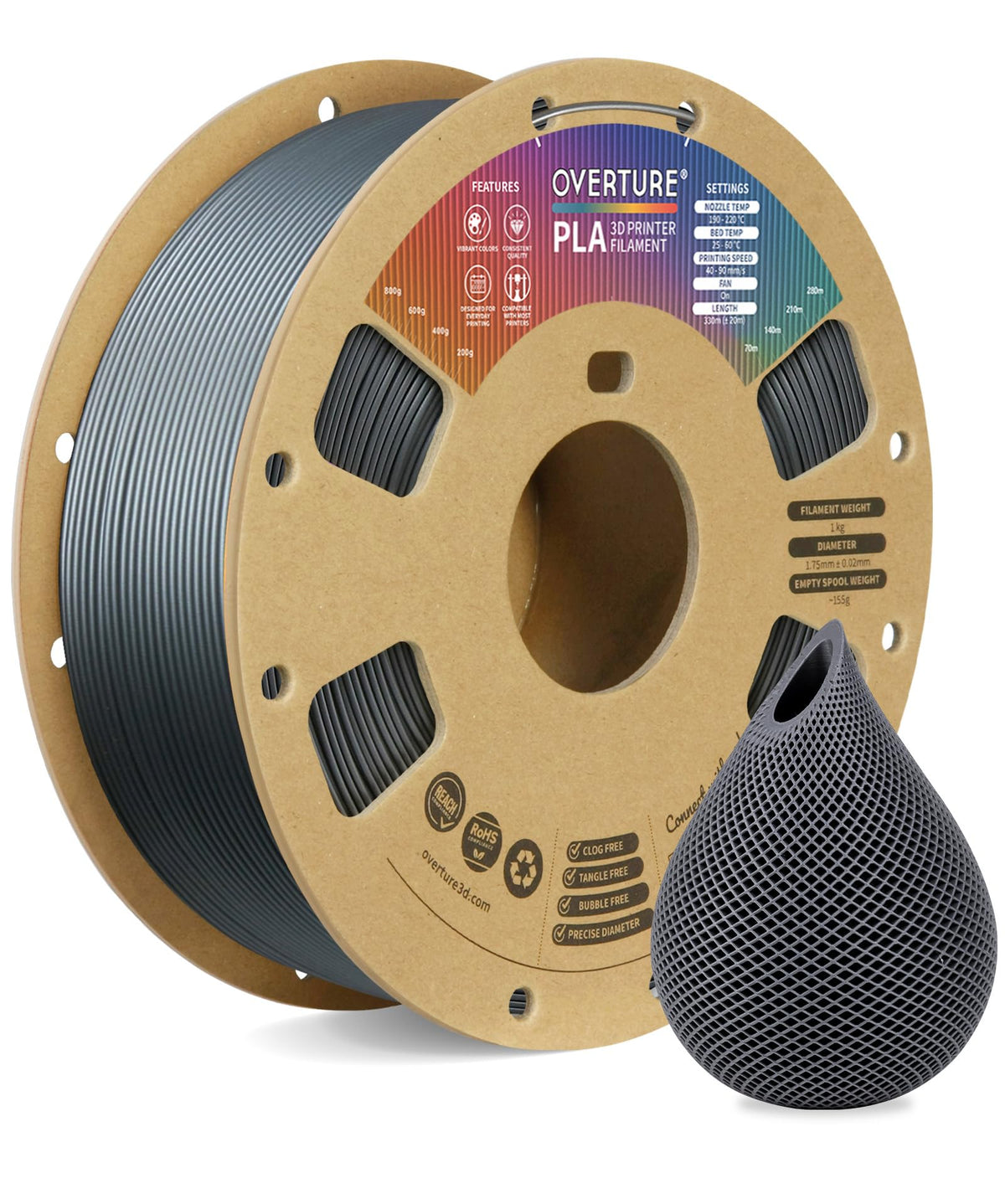 OVERTURE 10KG Bundle PLA Filament 1.75mm, Neatly Wound 3D Printer Filament 10 Pack 1kg Spool (2.2lbs), Dimensional Accuracy +/- 0.02 mm, Fit Most FDM 3D Printers (Black 10-Pack)