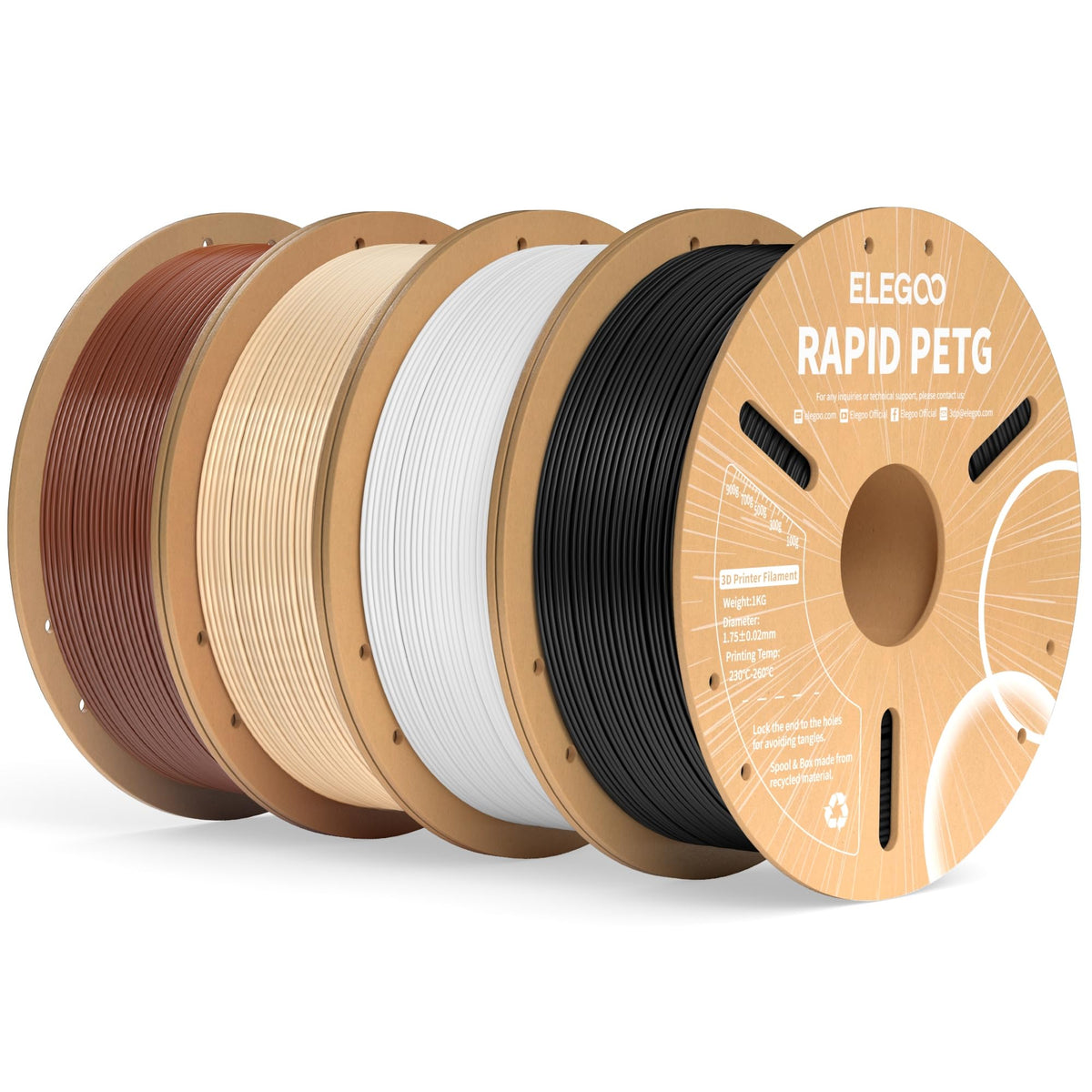 ELEGOO Rapid PETG Filament 1.75mm Bundle 4KG, High Speed 30-600mm/s 3D Printer Filament Accuracy +/- 0.02 mm, 1kg Cardboard Spool(2.2lbs), Fits for Most FDM 3D Printers(Black, White, Blue, Red)