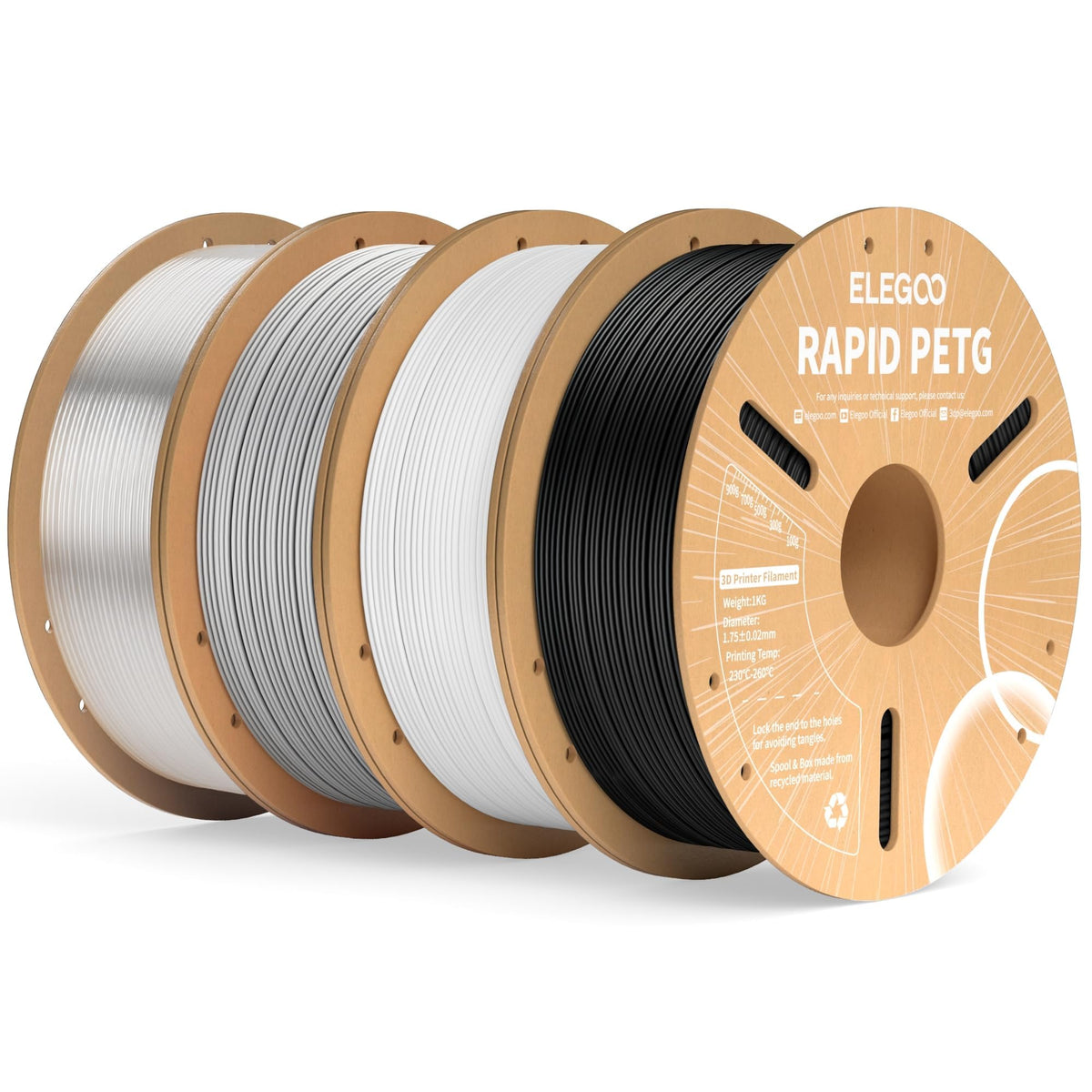 ELEGOO Rapid PETG Filament 1.75mm Bundle 4KG, High Speed 30-600mm/s 3D Printer Filament Accuracy +/- 0.02 mm, 1kg Cardboard Spool(2.2lbs), Fits for Most FDM 3D Printers(Black, White, Blue, Red)