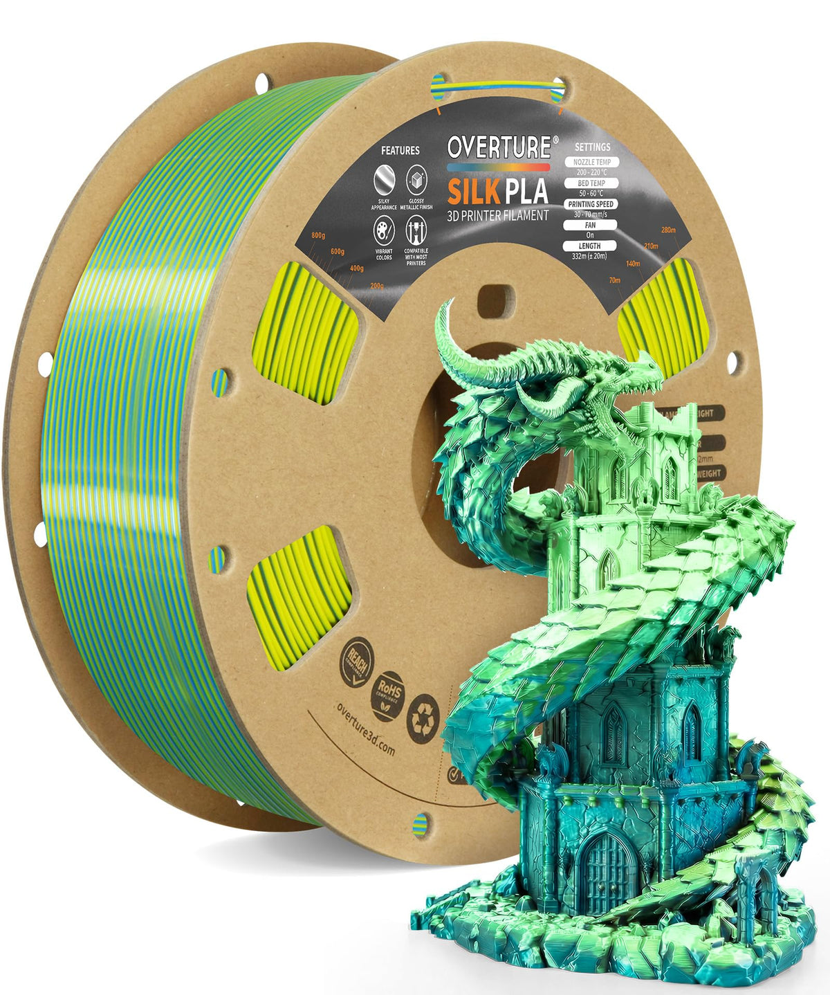 OVERTURE Silk PLA Filament Bundle, Clog-Free Shiny, Metallic Shine 3D Printer Filament, 1kg Spool * 4 Rolls(Silk Gold+Silk Silver+Silk Coppe+Silk Blue-Silver)