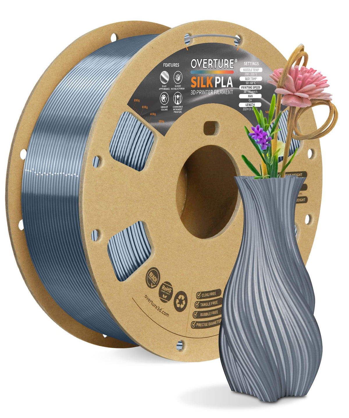 OVERTURE Silk PLA Filament Bundle, Clog-Free Shiny, Metallic Shine 3D Printer Filament, 1kg Spool * 4 Rolls(Silk Gold+Silk Silver+Silk Coppe+Silk Blue-Silver)