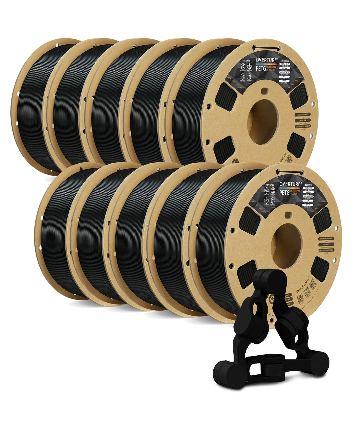 OVERTURE 4KG Bundle PETG 3D Printer Filament 1.75mm, Neatly Wound Durable PETG 4 Pack 1kg(2.2lbs), Strong Toughness Filament, Dimensional Accuracy +/- 0.02mm, Fit Most FDM Printers (Black (4-Pack)