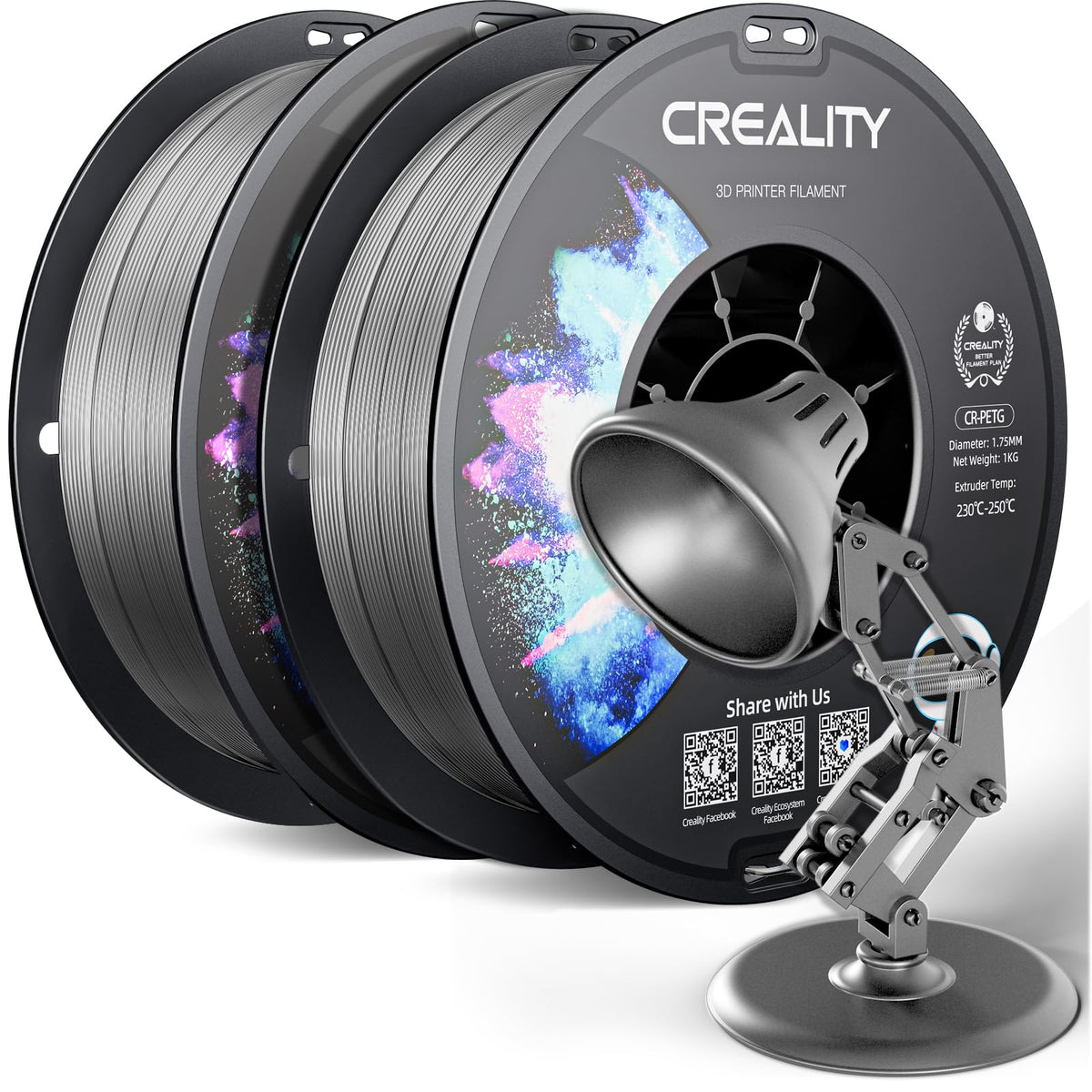 Official Creality PETG 3D Printer Filament 1.75mm 4KG (8.8lbs), High Precision, Strong Toughness, Odorless, Better Flow, Moistureproof 3D Printing CR PETG Filament, Black+White+Grey+Clear