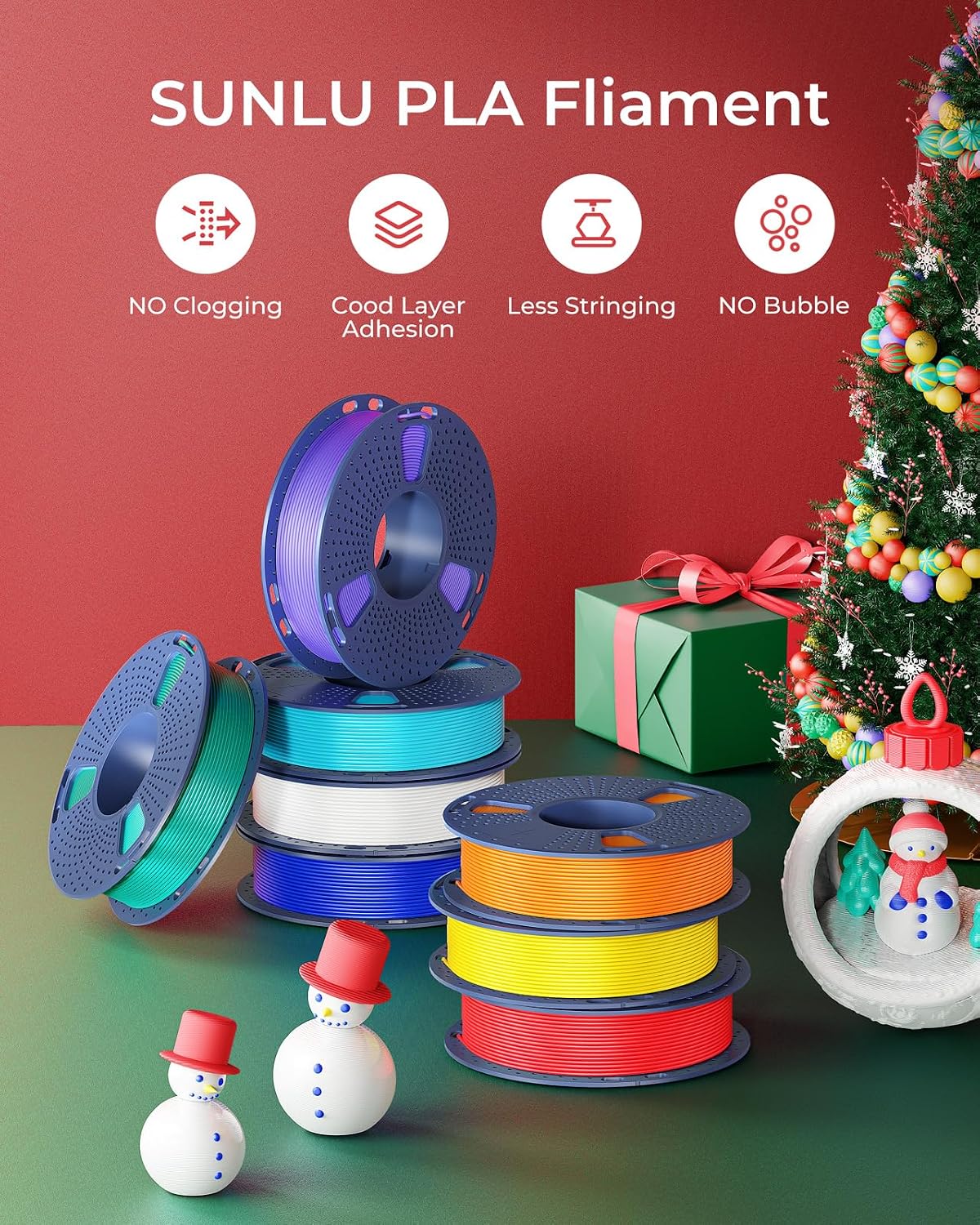 250g PLA Filament 1.75mm Bundle, SUNLU 3D Printer Filament Neatly Wound, Individually Vacuum Packed, 250g Spool, 8 Rolls, White+Red+Orange+Yellow+Green+Blue+Cyan+Purple