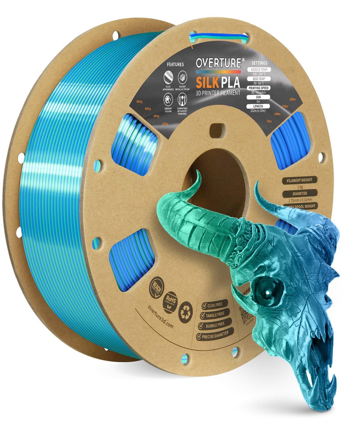 OVERTURE Silk PLA Filament Bundle, Clog-Free Shiny, Metallic Shine 3D Printer Filament, 1kg Spool * 4 Rolls(Silk Gold+Silk Silver+Silk Coppe+Silk Blue-Silver)
