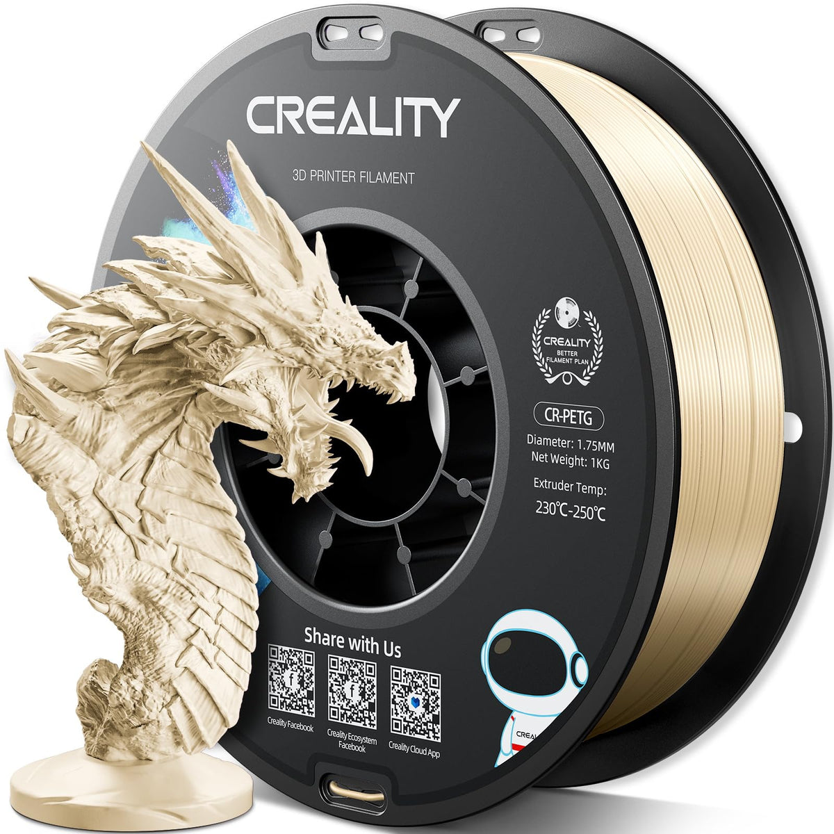 Official Creality PETG 3D Printer Filament 1.75mm 4KG (8.8lbs), High Precision, Strong Toughness, Odorless, Better Flow, Moistureproof 3D Printing CR PETG Filament, Black+White+Grey+Clear