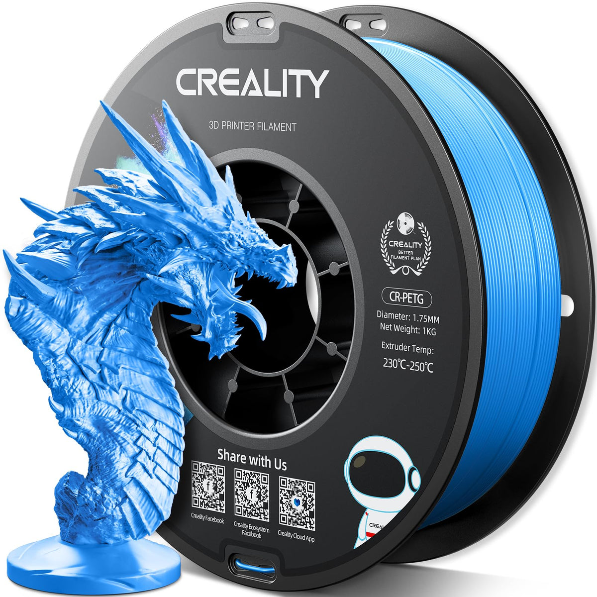Official Creality PETG 3D Printer Filament 1.75mm 4KG (8.8lbs), High Precision, Strong Toughness, Odorless, Better Flow, Moistureproof 3D Printing CR PETG Filament, Black+White+Grey+Clear