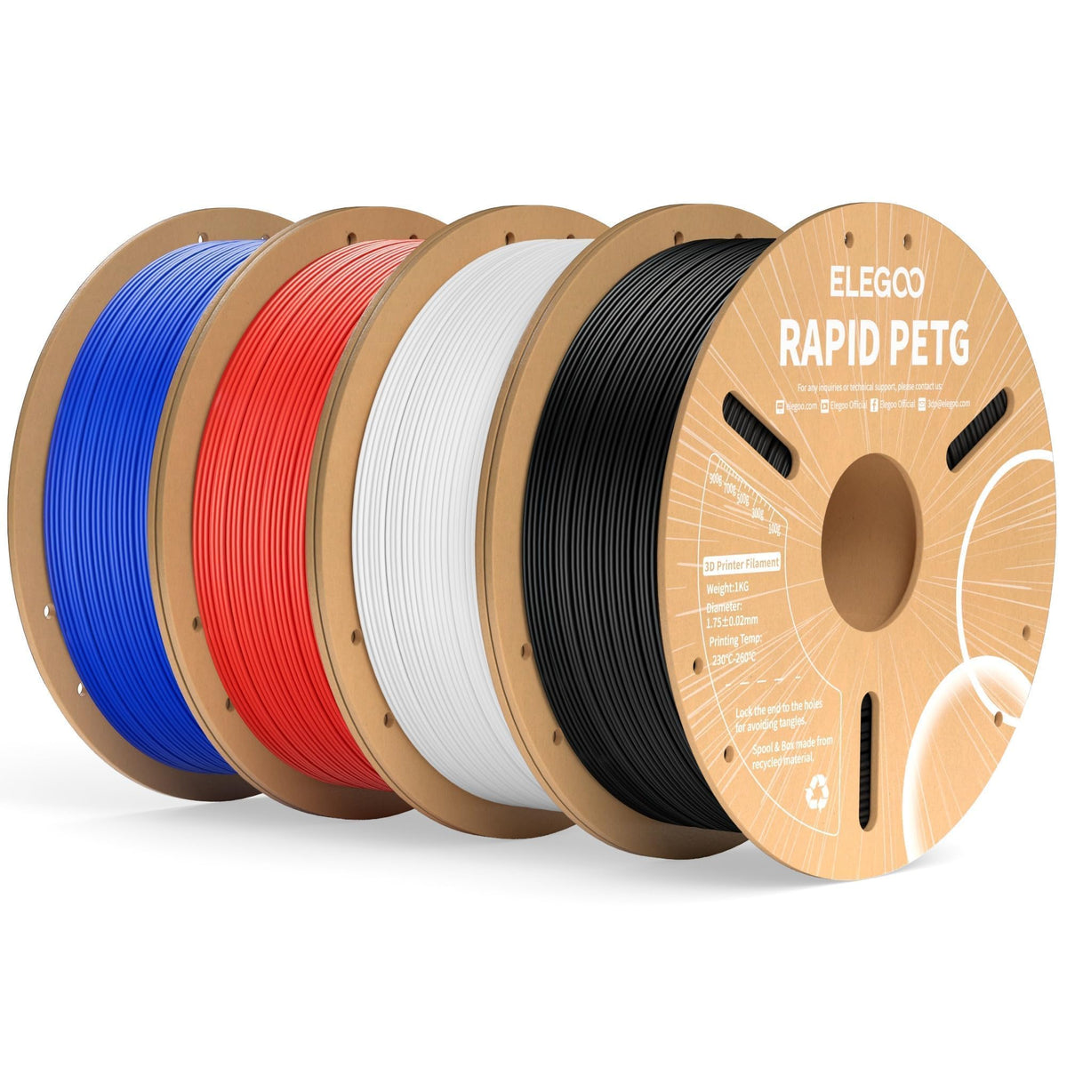 ELEGOO Rapid PETG Filament 1.75mm Bundle 4KG, High Speed 30-600mm/s 3D Printer Filament Accuracy +/- 0.02 mm, 1kg Cardboard Spool(2.2lbs), Fits for Most FDM 3D Printers(Black, White, Blue, Red)