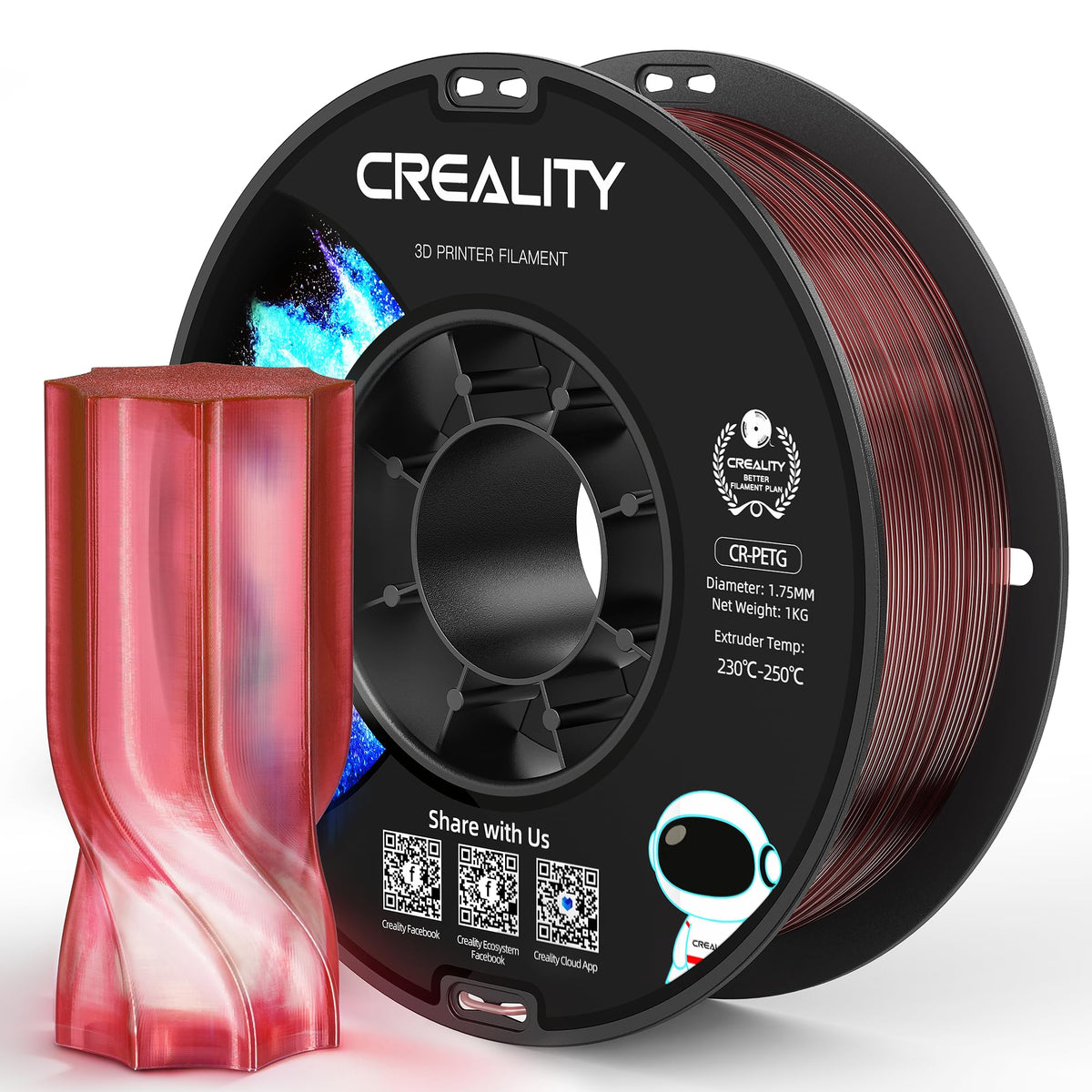 Official Creality PETG 3D Printer Filament 1.75mm 4KG (8.8lbs), High Precision, Strong Toughness, Odorless, Better Flow, Moistureproof 3D Printing CR PETG Filament, Black+White+Grey+Clear