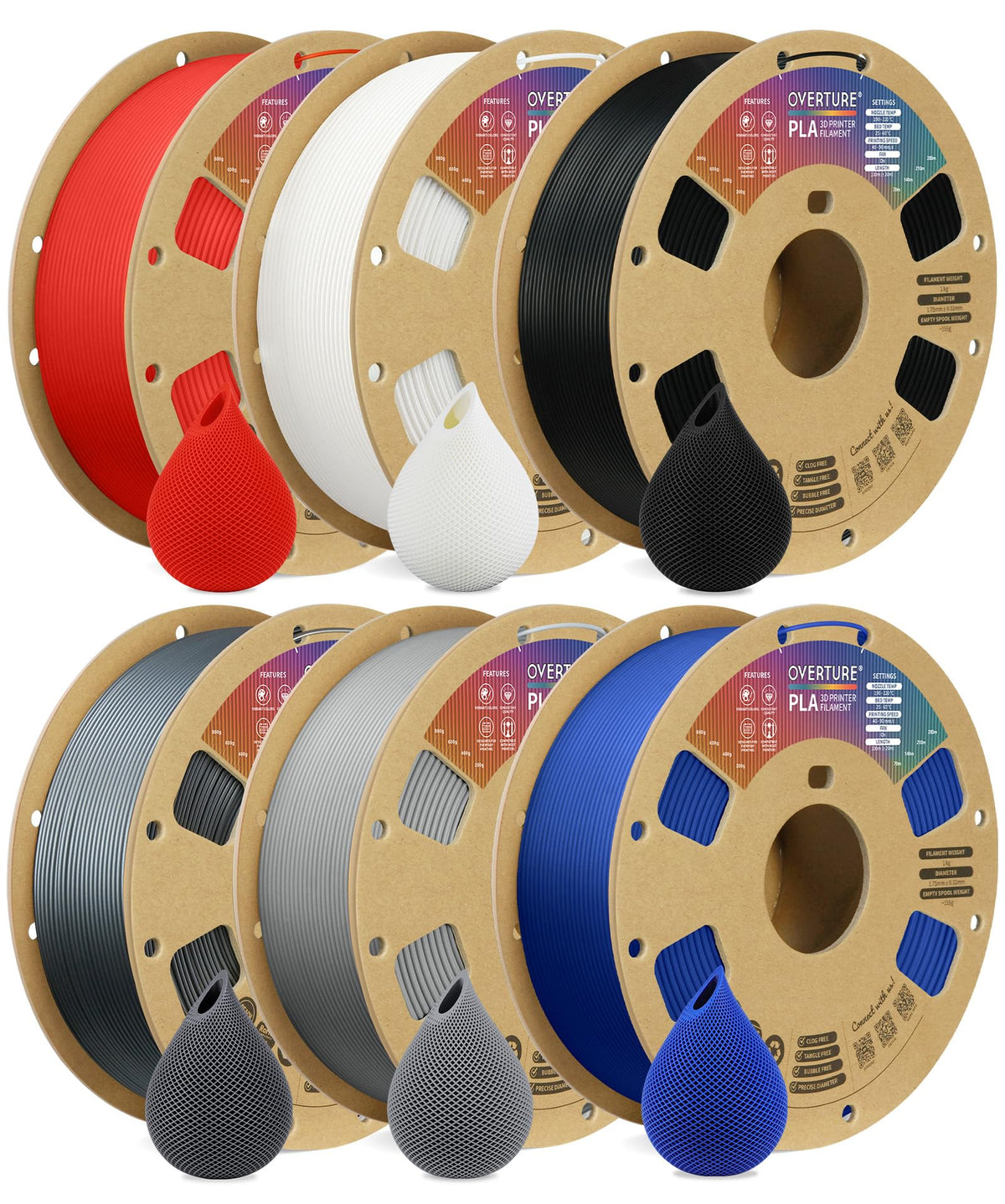 OVERTURE 10KG Bundle PLA Filament 1.75mm, Neatly Wound 3D Printer Filament 10 Pack 1kg Spool (2.2lbs), Dimensional Accuracy +/- 0.02 mm, Fit Most FDM 3D Printers (Black 10-Pack)