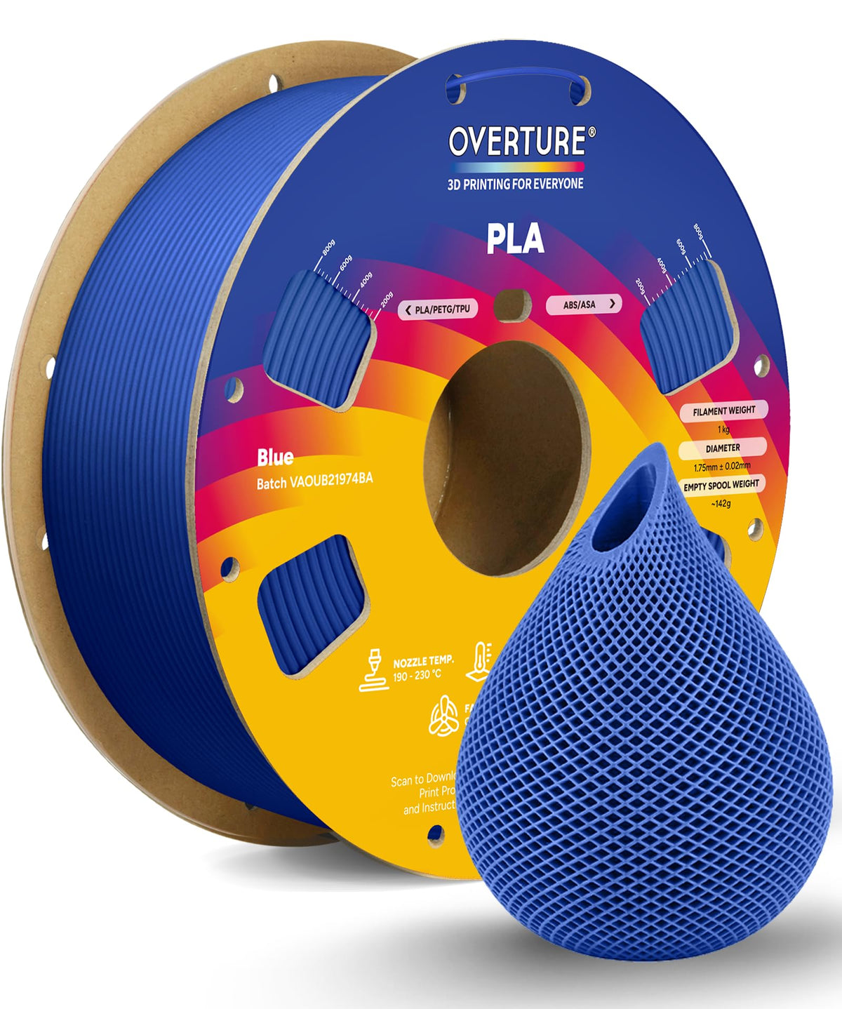 OVERTURE 10KG Bundle PLA Filament 1.75mm, Neatly Wound 3D Printer Filament 10 Pack 1kg Spool (2.2lbs), Dimensional Accuracy +/- 0.02 mm, Fit Most FDM 3D Printers (Black 10-Pack)