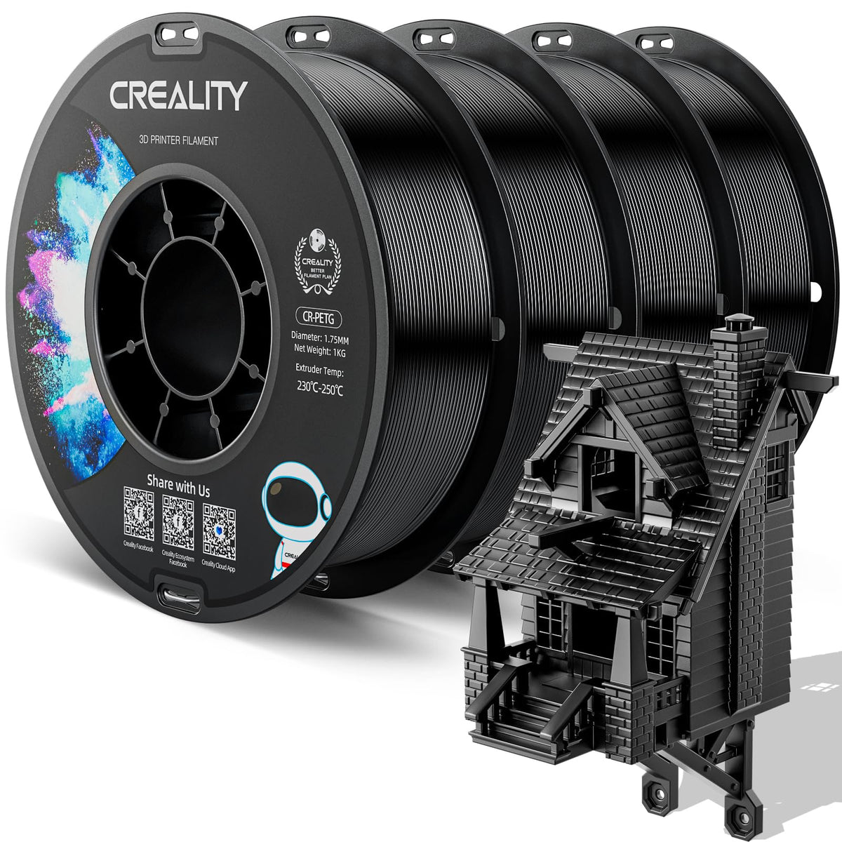 Official Creality PETG 3D Printer Filament 1.75mm 4KG (8.8lbs), High Precision, Strong Toughness, Odorless, Better Flow, Moistureproof 3D Printing CR PETG Filament, Black+White+Grey+Clear