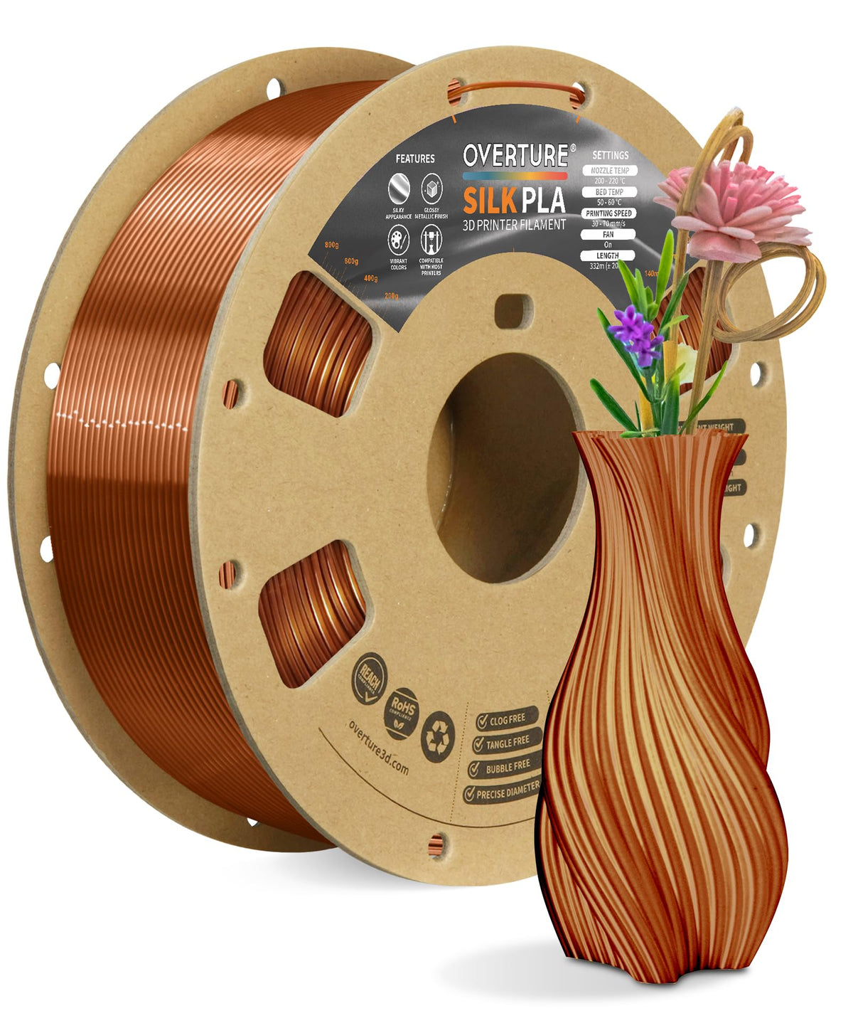 OVERTURE Silk PLA Filament Bundle, Clog-Free Shiny, Metallic Shine 3D Printer Filament, 1kg Spool * 4 Rolls(Silk Gold+Silk Silver+Silk Coppe+Silk Blue-Silver)