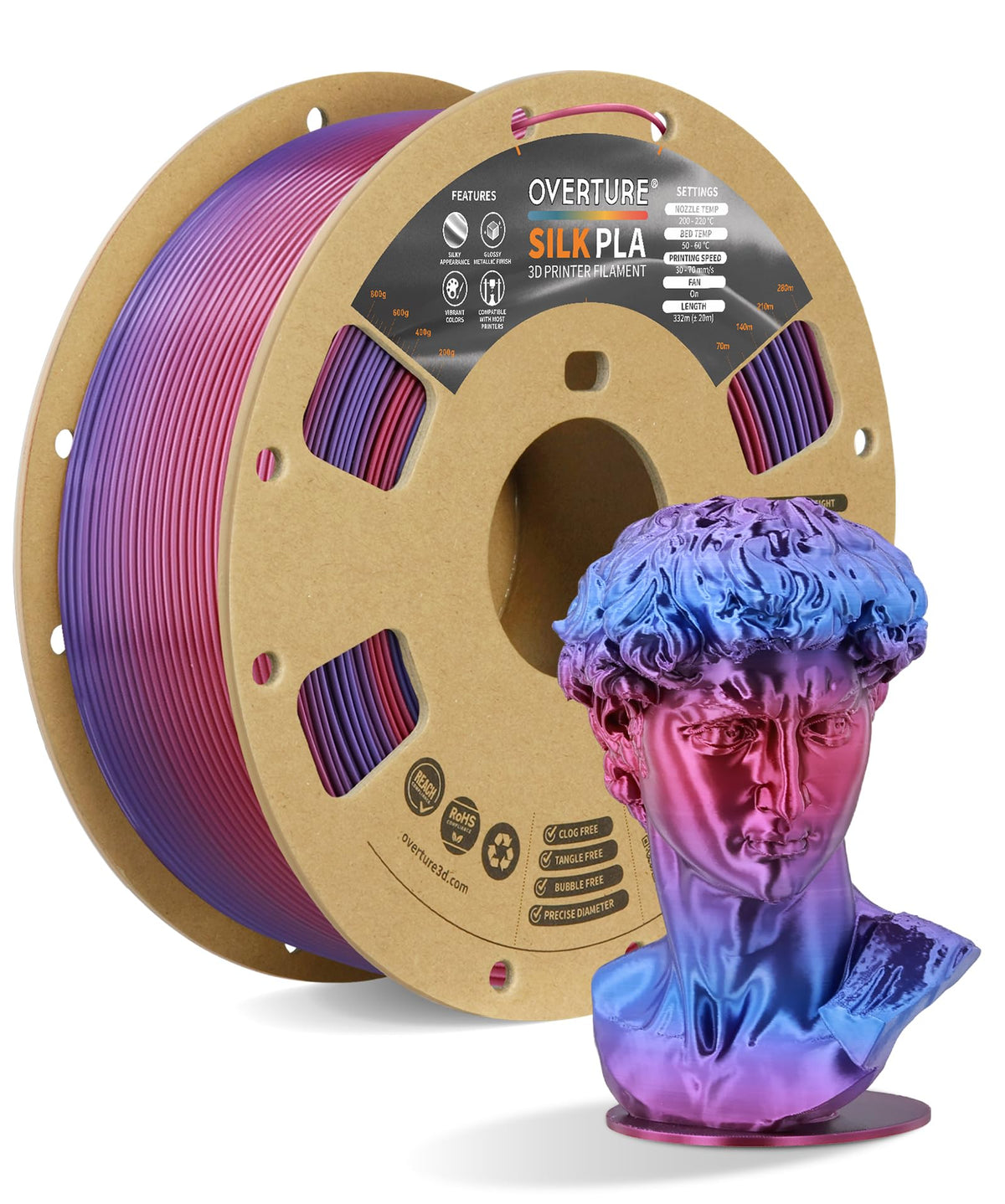 OVERTURE Silk PLA Filament Bundle, Clog-Free Shiny, Metallic Shine 3D Printer Filament, 1kg Spool * 4 Rolls(Silk Gold+Silk Silver+Silk Coppe+Silk Blue-Silver)