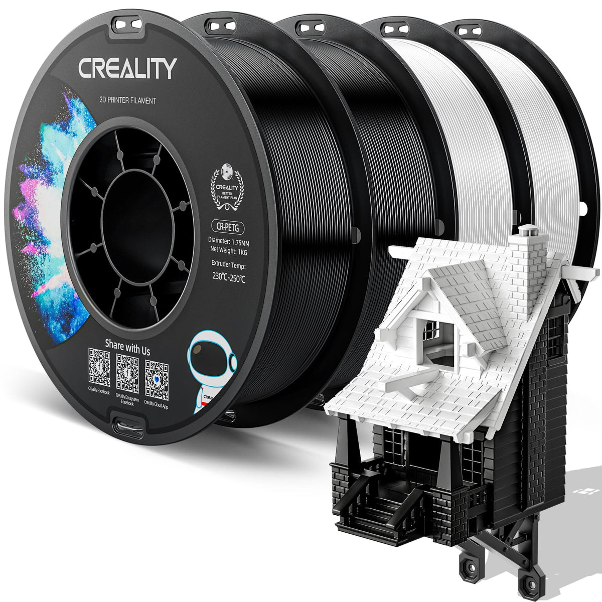 Official Creality PETG 3D Printer Filament 1.75mm 4KG (8.8lbs), High Precision, Strong Toughness, Odorless, Better Flow, Moistureproof 3D Printing CR PETG Filament, Black+White+Grey+Clear