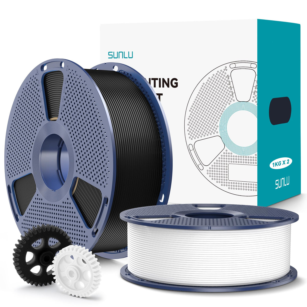 SUNLU PLA+2.0 3D Printer Filament Bundle, 4KG Upgrade PLA+ Filament 1.75mm, Tougher and Stronger, Dimensional Accuracy +/-0.02mm, 1KG per Spool, 4 Packs, 4KG Total, Black+White+Klein Blue+Red