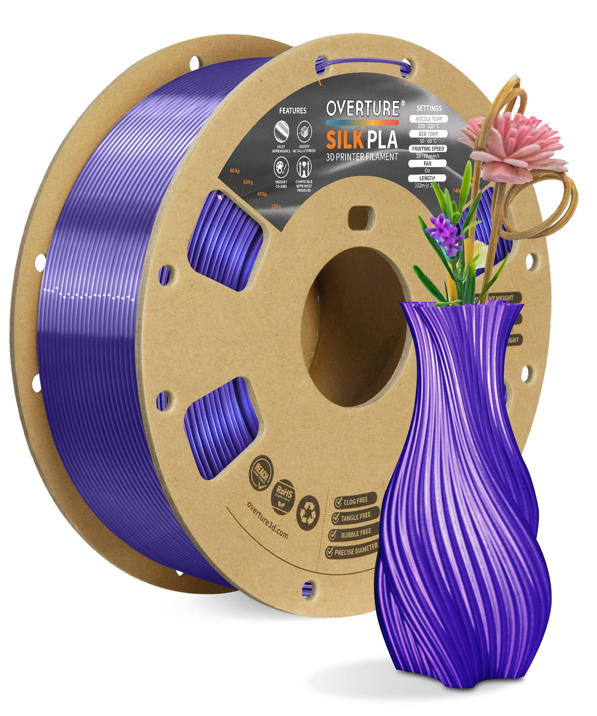 OVERTURE Silk PLA Filament Bundle, Clog-Free Shiny, Metallic Shine 3D Printer Filament, 1kg Spool * 4 Rolls(Silk Gold+Silk Silver+Silk Coppe+Silk Blue-Silver)