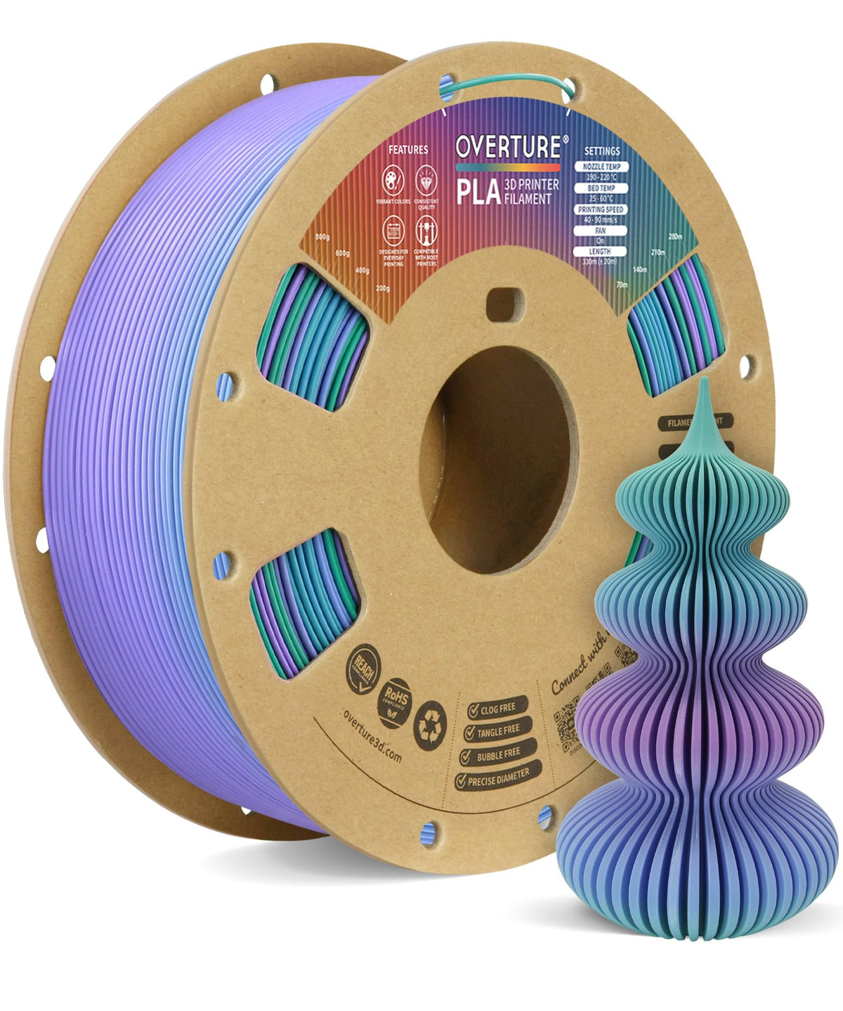 OVERTURE 10KG Bundle PLA Filament 1.75mm, Neatly Wound 3D Printer Filament 10 Pack 1kg Spool (2.2lbs), Dimensional Accuracy +/- 0.02 mm, Fit Most FDM 3D Printers (Black 10-Pack)
