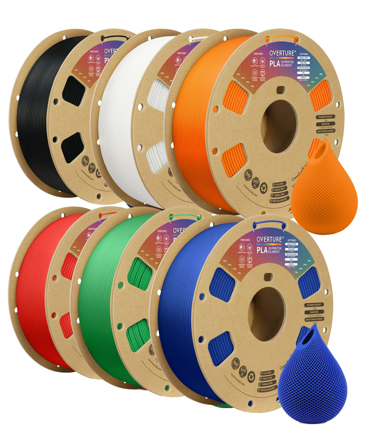 OVERTURE 10KG Bundle PLA Filament 1.75mm, Neatly Wound 3D Printer Filament 10 Pack 1kg Spool (2.2lbs), Dimensional Accuracy +/- 0.02 mm, Fit Most FDM 3D Printers (Black 10-Pack)